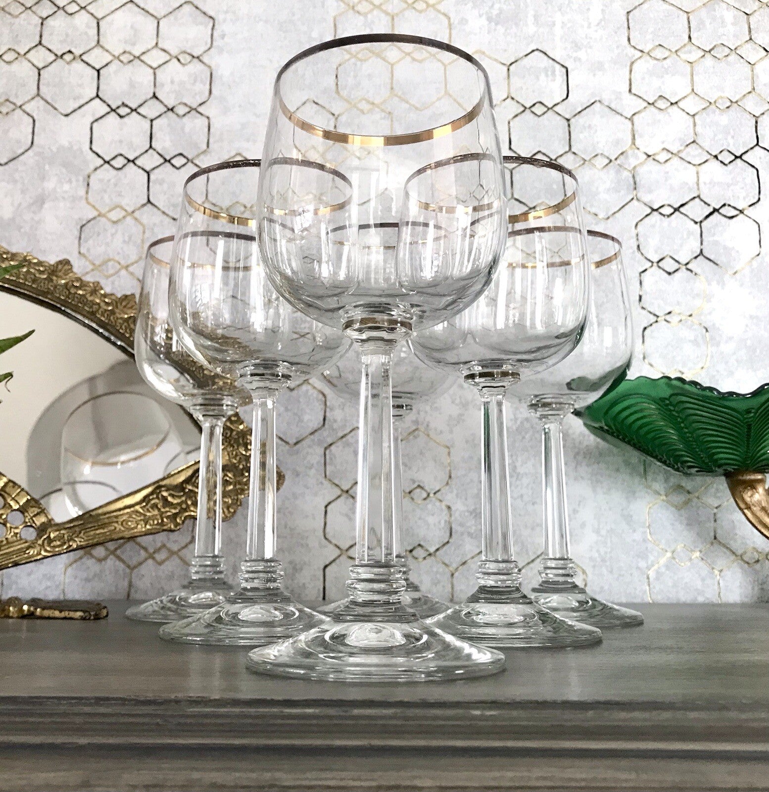 Art Déco Stil 6 Gläser Weingläser Rotweingläser Glas Goldrand Lausitzer