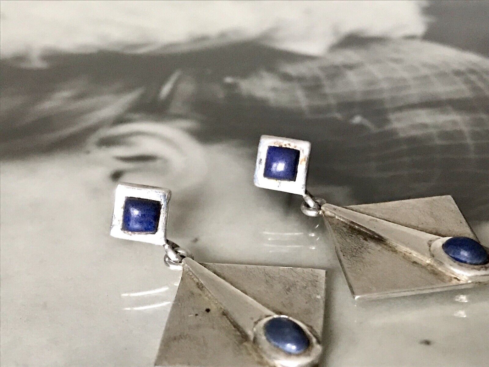 Alt Vintage Modern Ohrringe Ohrhänger DAMEN 925 Silber blauer Stein Sodalith?