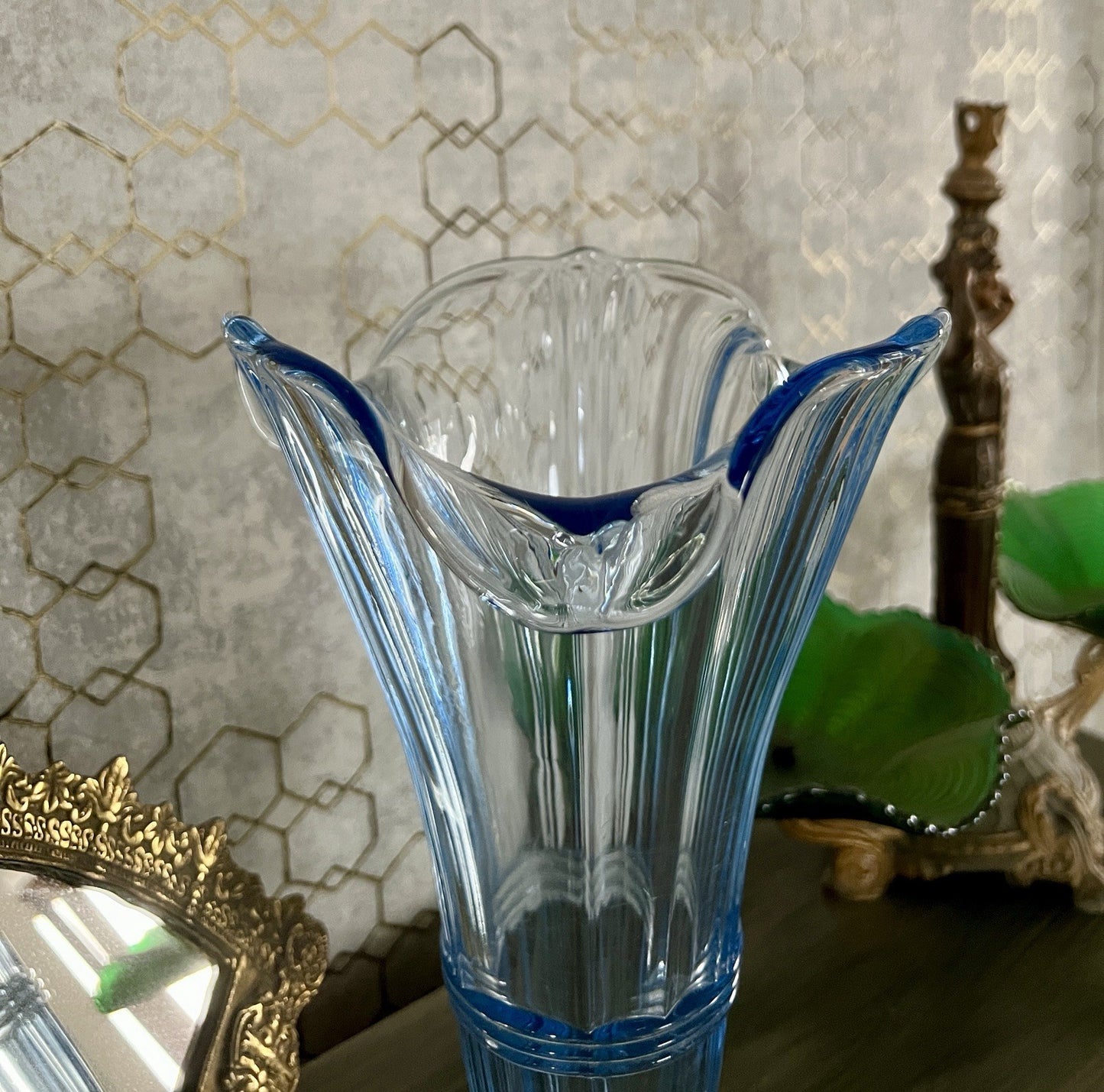 Antik Art Déco 1 GROẞ Bernsdorf Vase Glasvase Pressglas blau Glas RAR! asymmetr.