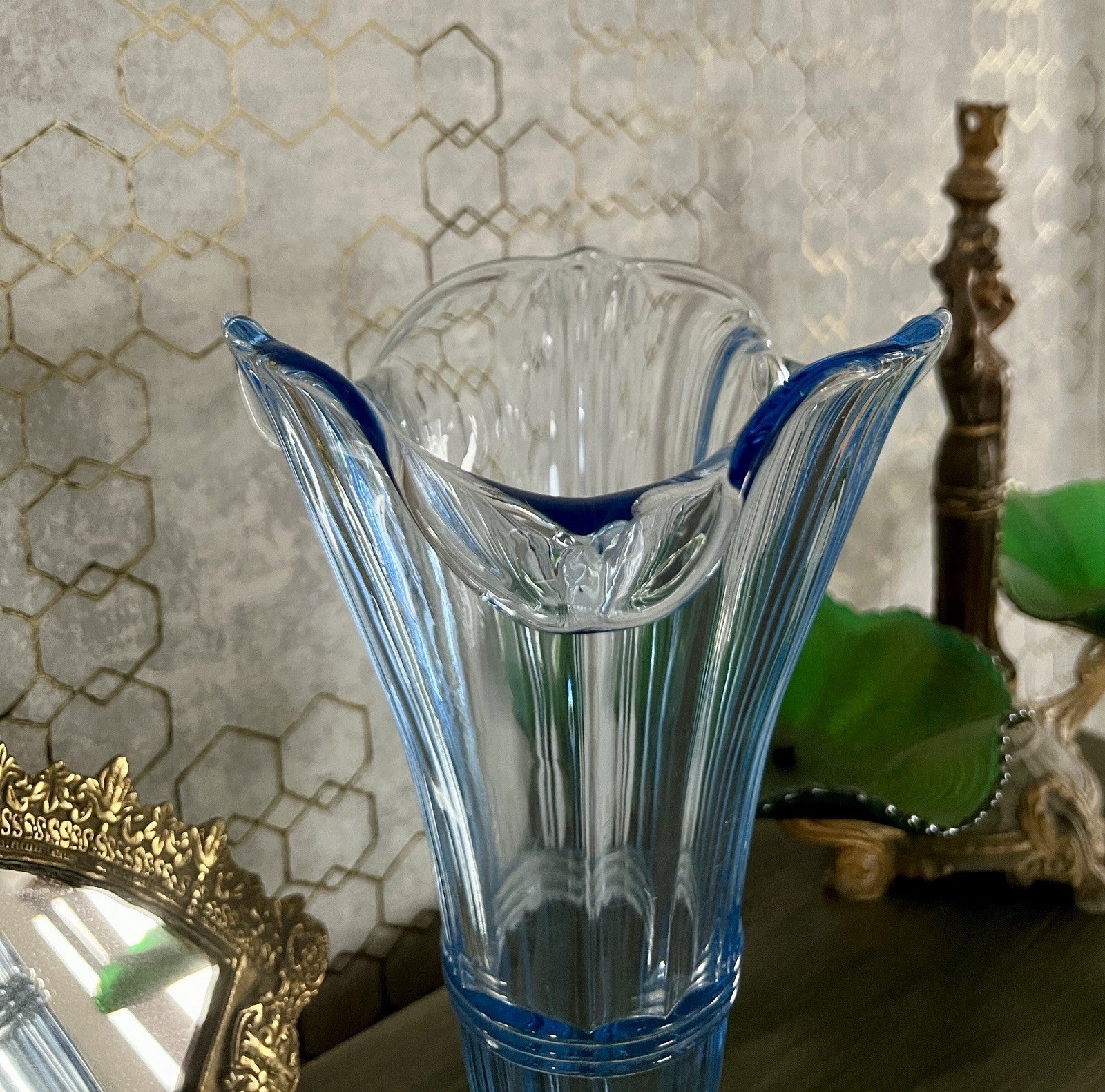 Antik Art Déco 1 GROẞ Bernsdorf Vase Glasvase Pressglas blau Glas RAR! asymmetr.