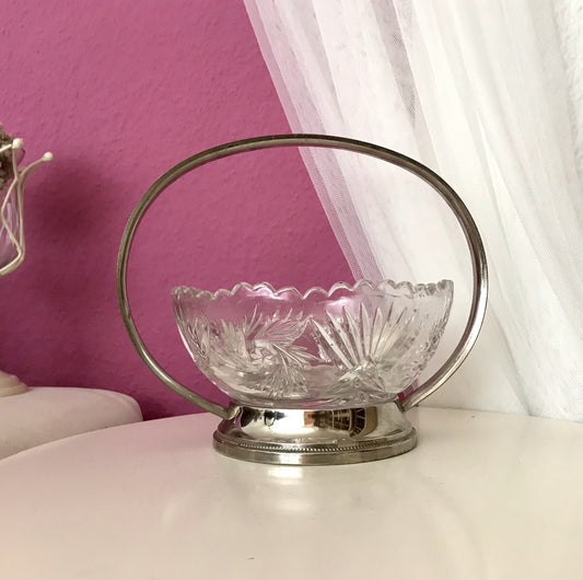 Antik Art Déco Schale Tafelaufsatz Pressglas Metallmontur Korb
