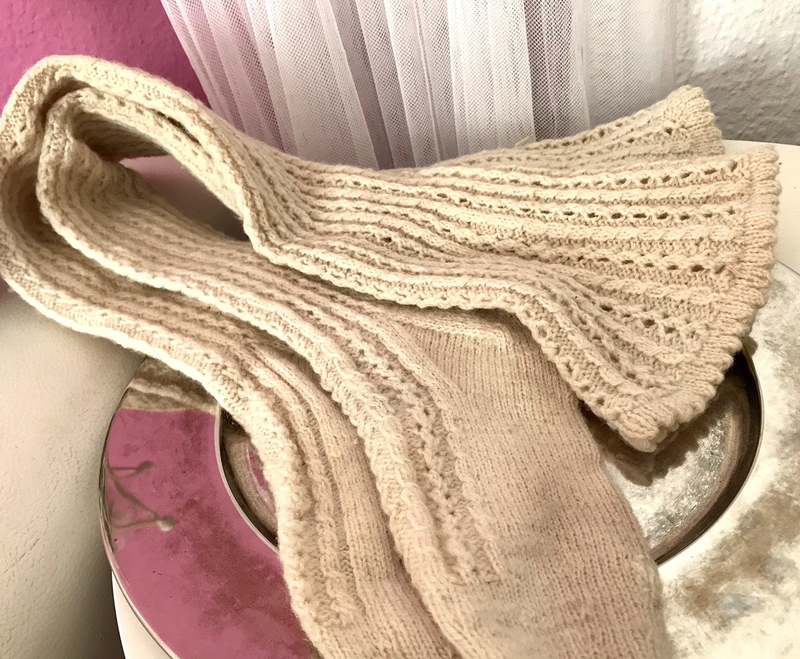 Antik Strümpfe Overkneestrümpfe Schaf-Wolle beige Trachten?
