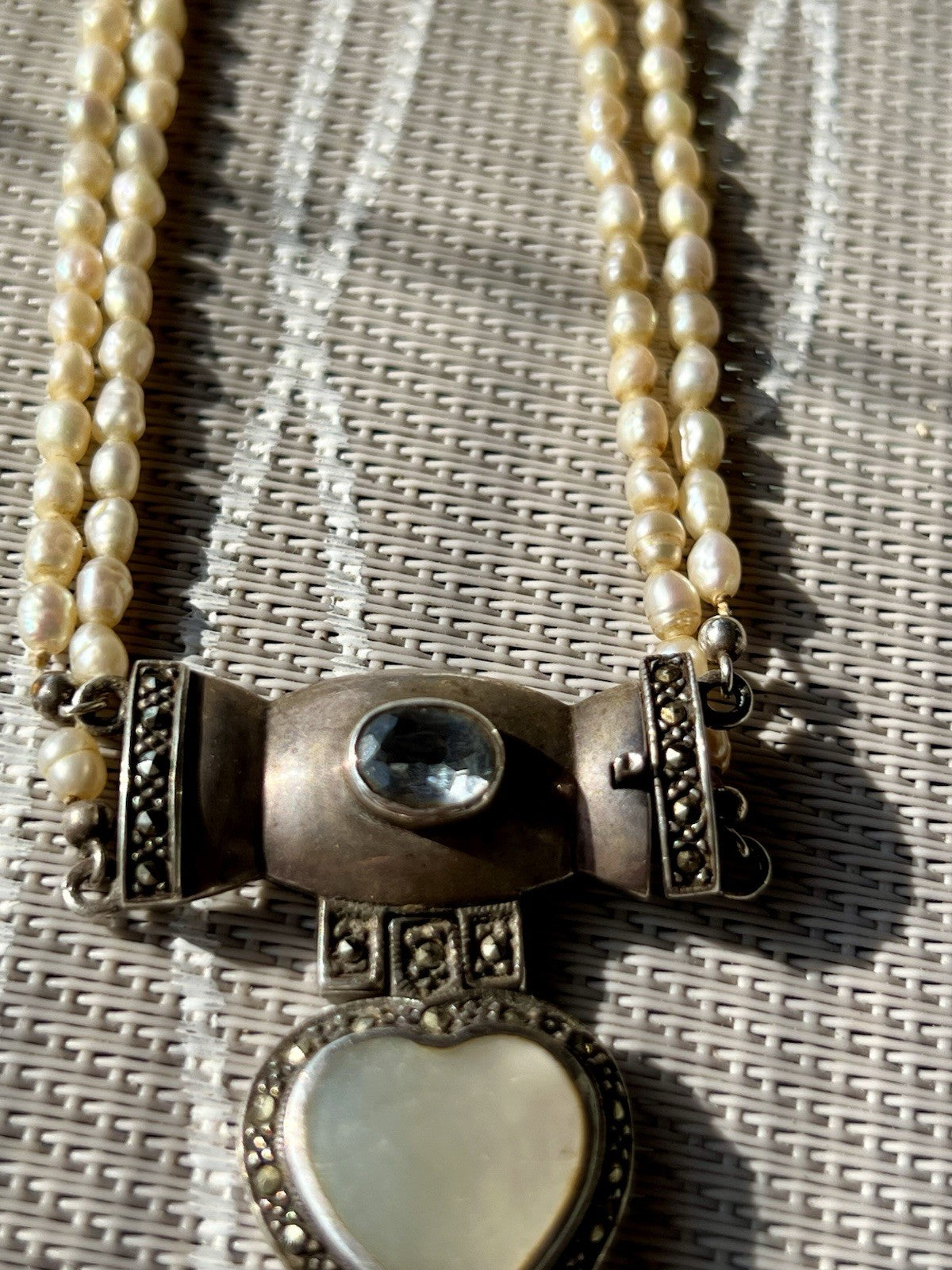Antik  Jugendstil Silber Collier Perlen Halskette Herz Markasite blauer Stein