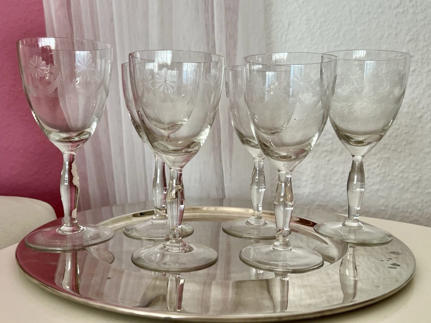 Antik 6 Weingläser Glas So Schön! guillochierte  Borte Edel