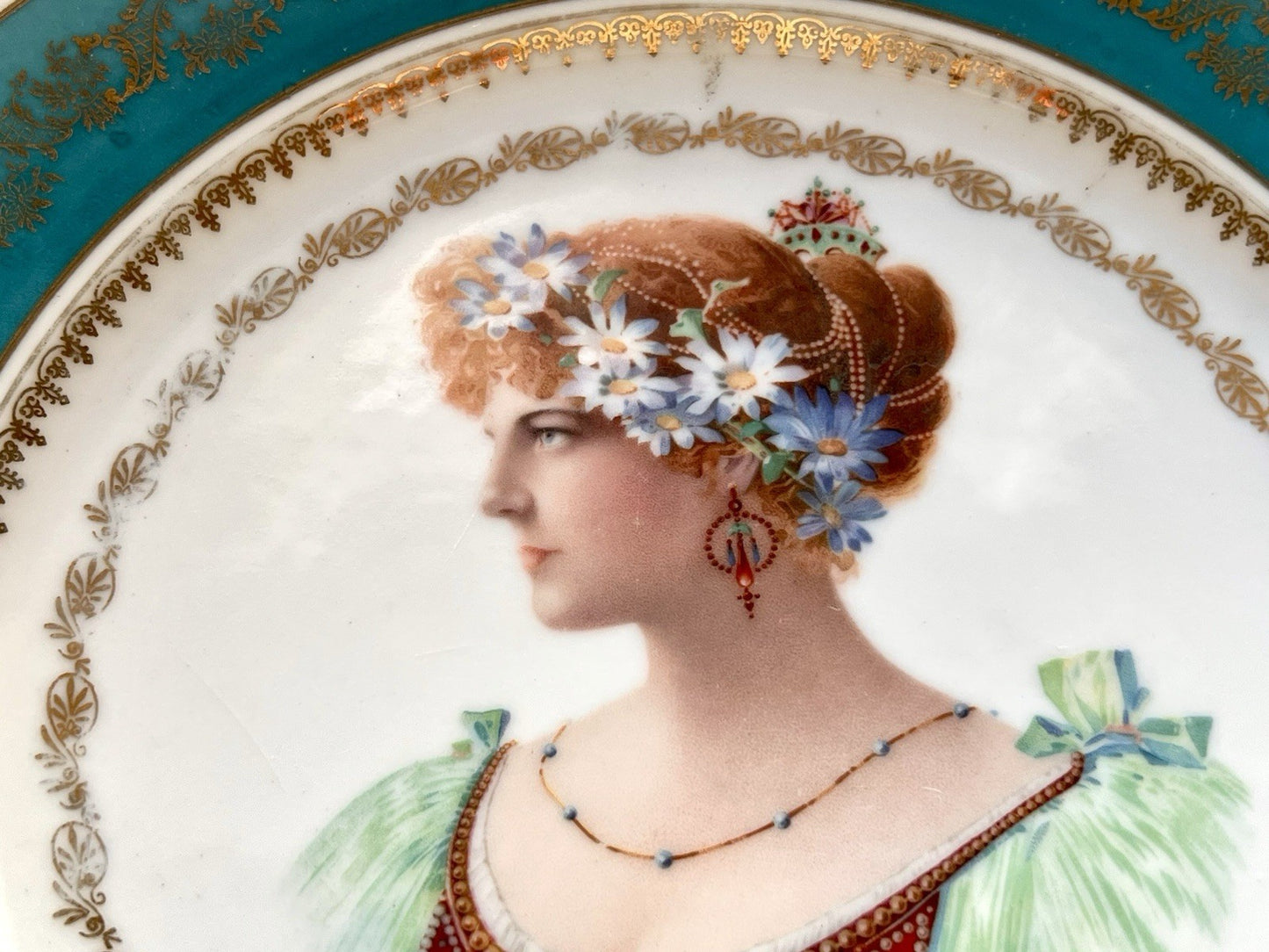 Antik Porzellan Schale Porträt Beatrice Viel Lärm um nichts Zierteller türkis