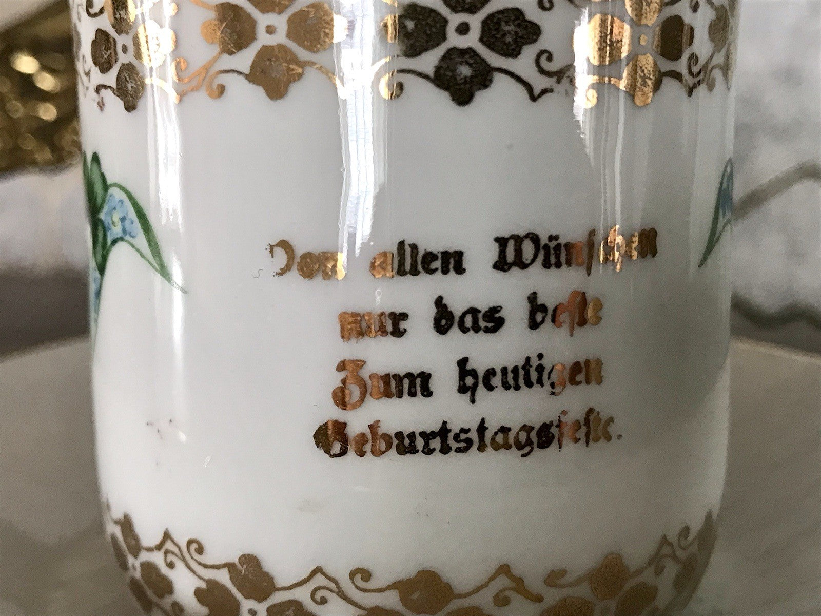 Antik Jugendstil Porzellan Andenken Gedeck Sammeltasse Tasse Geburtstag Spruch