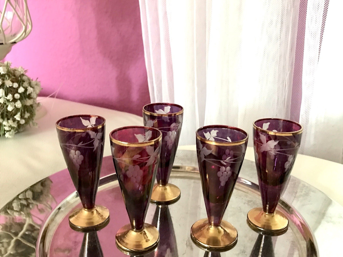 Antik Jugendstil Art Déco 5 Pinnchen Schnapsgläser Golddekor Gläser Schliff ROT
