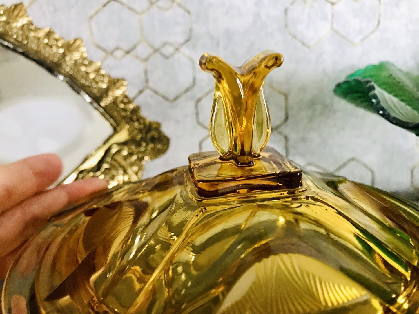 Antik Art Déco Dose Glasdose Pressglas Bernstein Gelb Amber