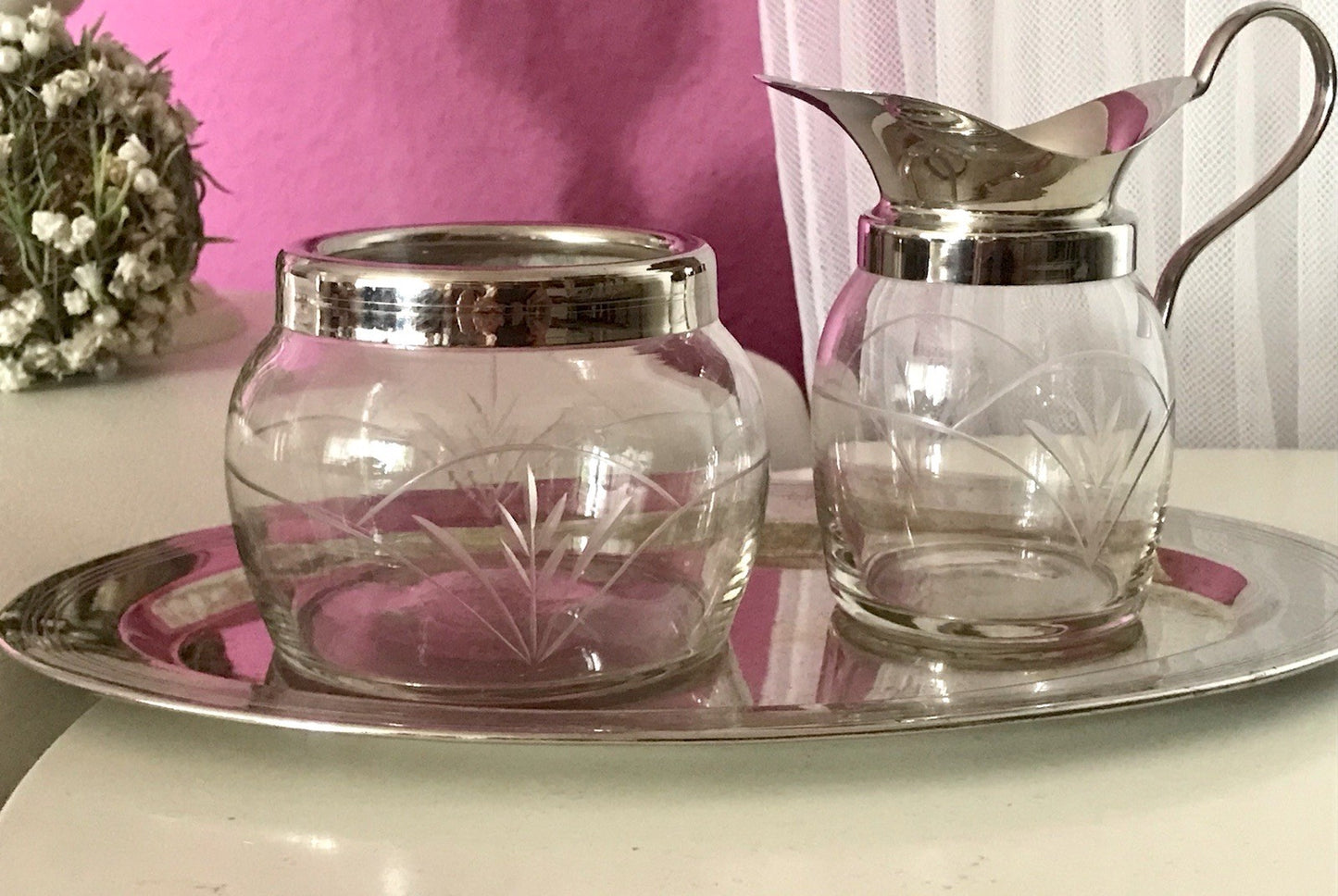 Antik Jugendstil 3 Teile Milch& Zucker Tablett Metallmontur & Glas geschliffen