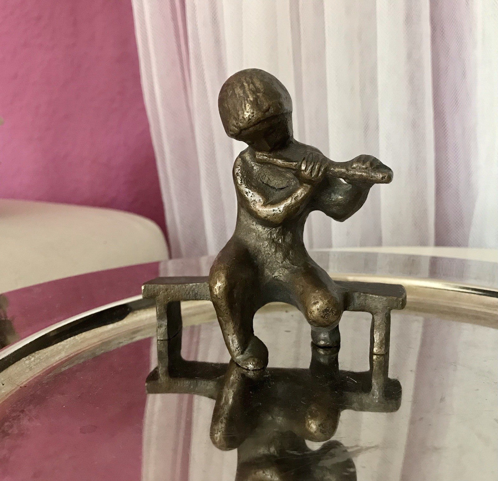 Vintage Bronze Figur Kind Junge Skulptur Fischedick Junge mit Flöte auf der Bank