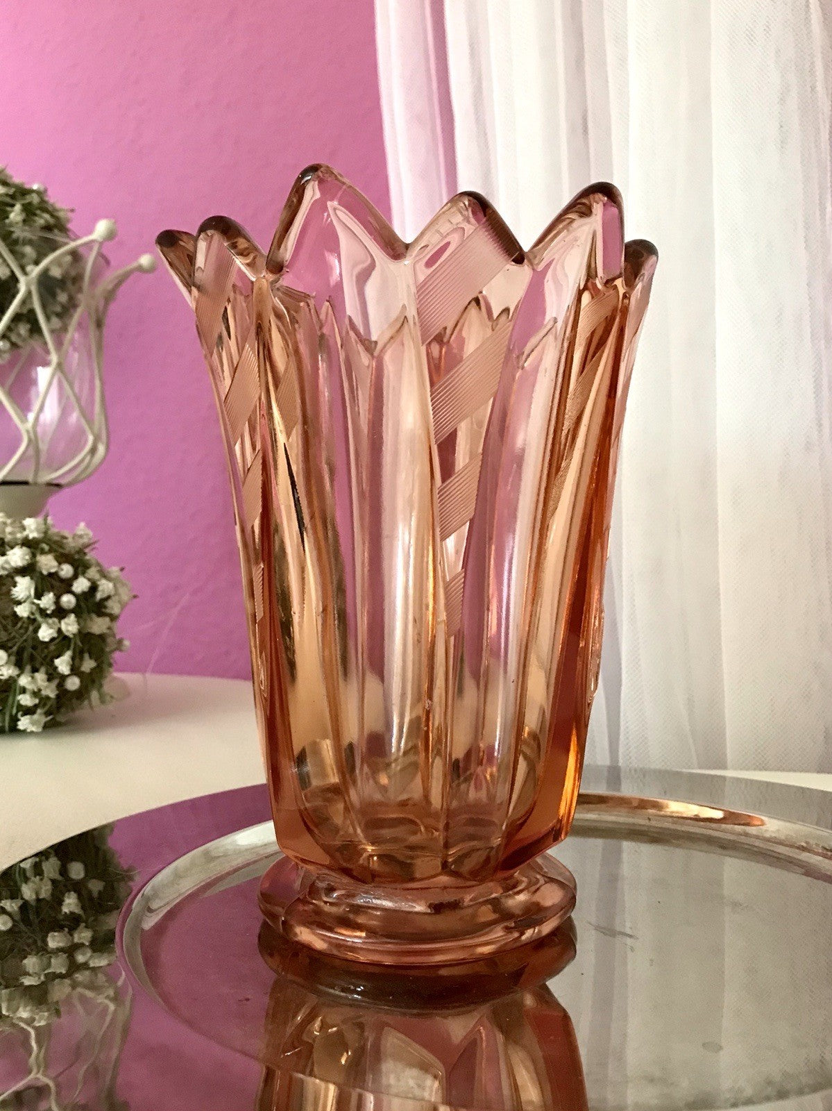 Antik Art Déco Vase Glasvase Pressglas Glas Rosalin rosa Blumenvase Schwepnitz