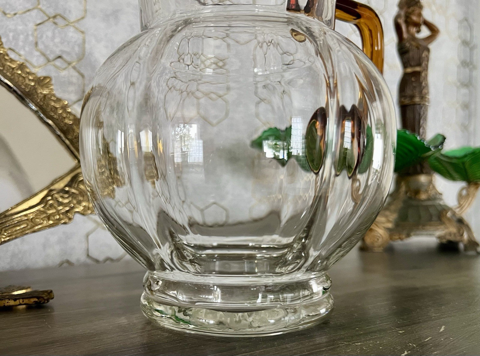 Antik Art Déco Kanne Krug Glaskrug Karaffe Glas mundgeblasen Farblos & gelb