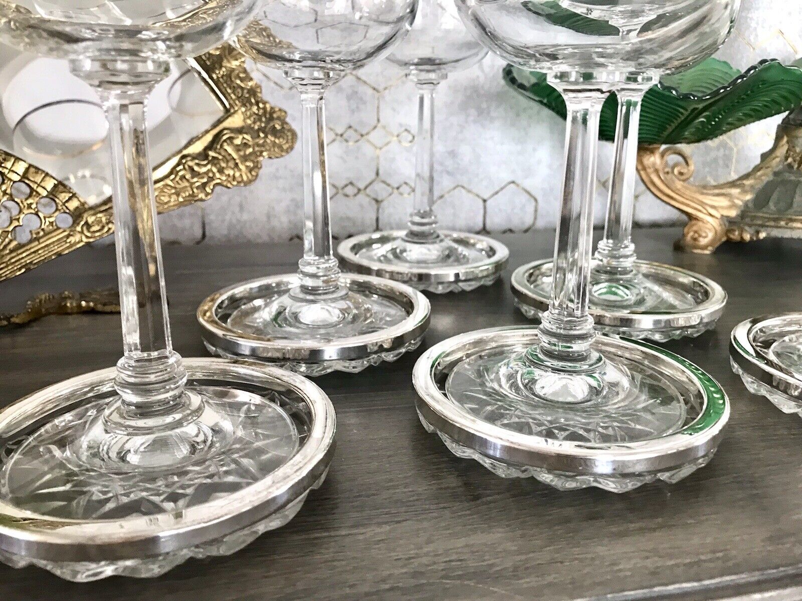 Vintage 6x Untersetzer für Weingläser Glas Kristallglas Bleikristall versilbert