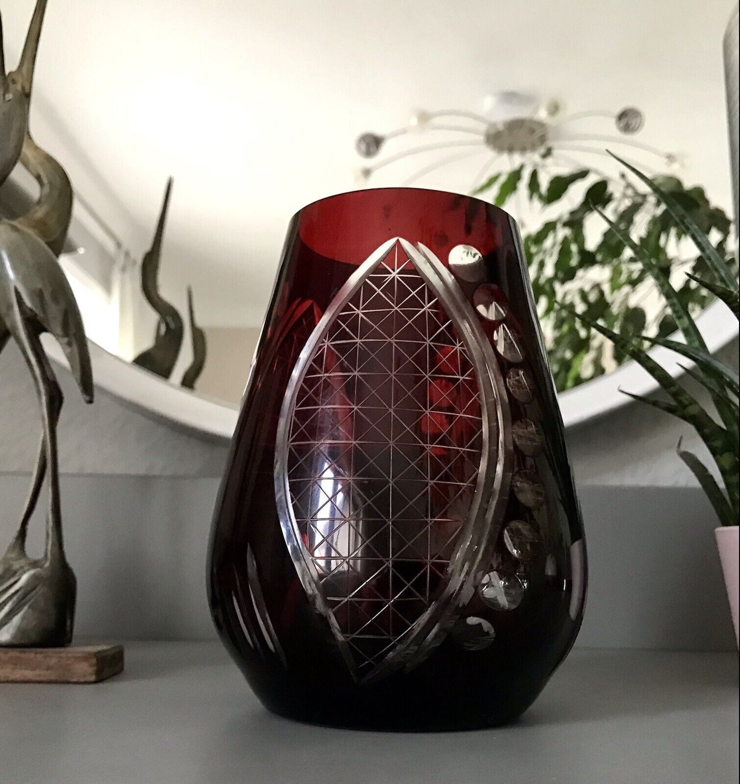 Antik alt Art Déco rubin rot geschliffen Überfangglas Vase Glasvase geschliffen