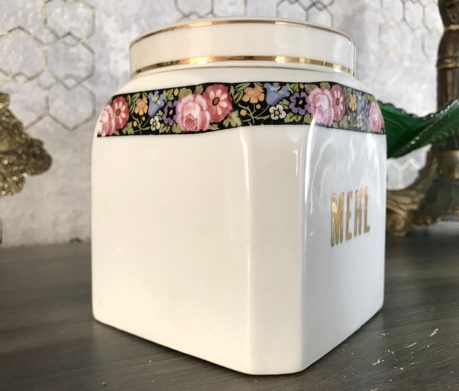 Antik Porzellan Dose Vorratsgefäß Vorratsdose Mehl Blumenborte Art Déco