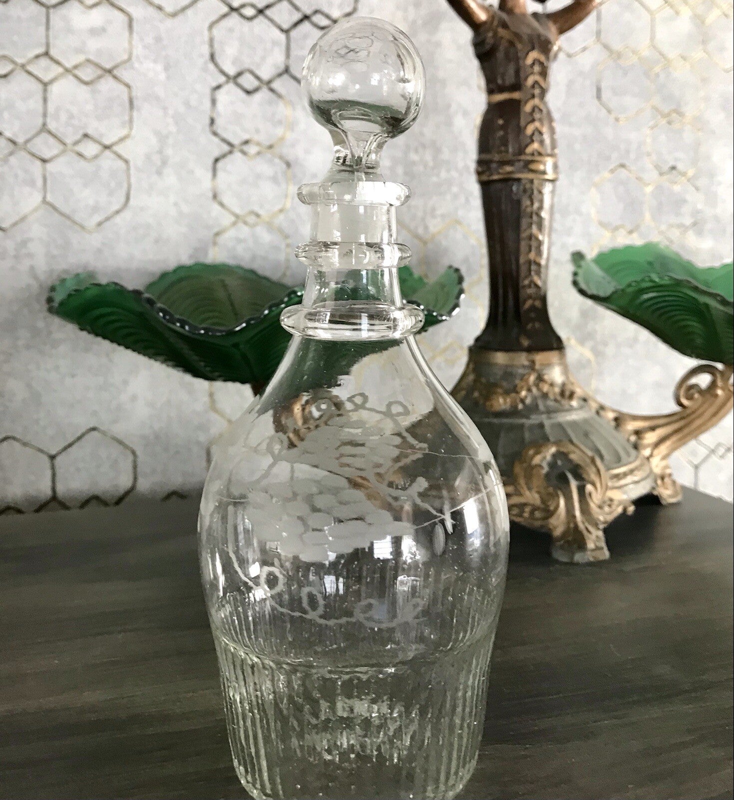 Antik Biedermeier kleine Karaffe Weinkaraffe Dekanter Glas graviert