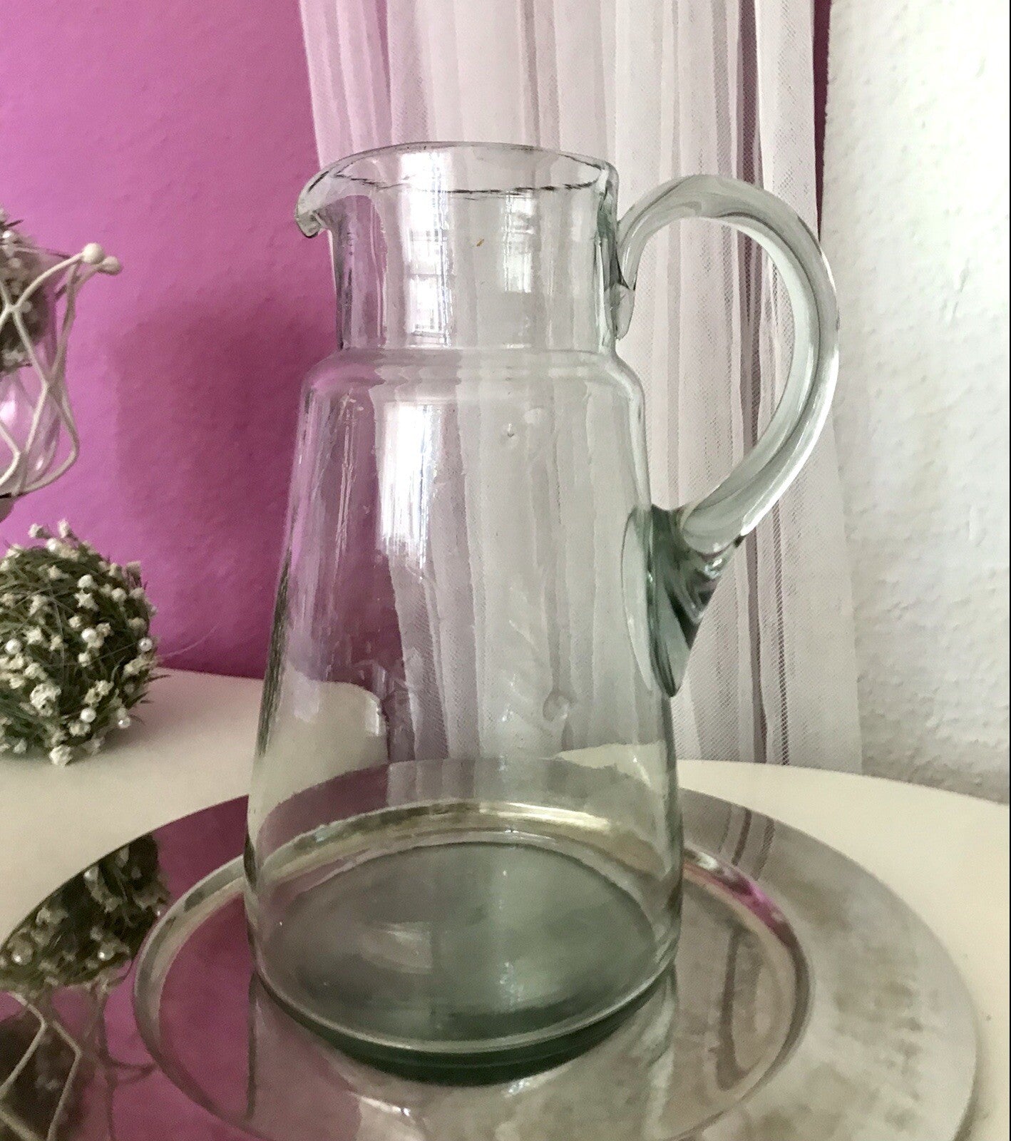 Antik groß Krug Glas Karaffe Kanne Wasserkrug Glas mundgeblasen light türkis