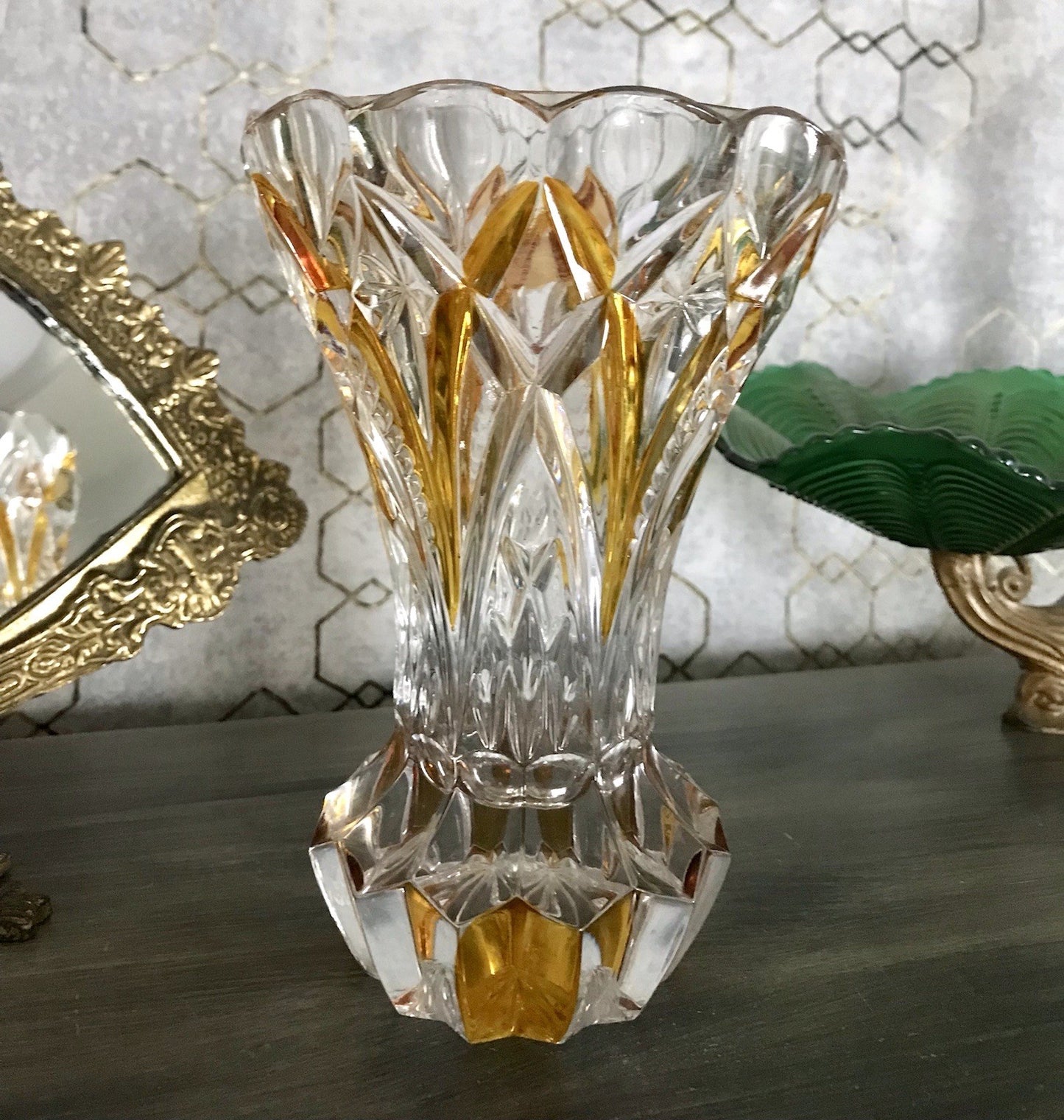 Antik alt Art Déco Stil Glasvase Bleikristall Vase Bernstein Gelbbeize Annahütte