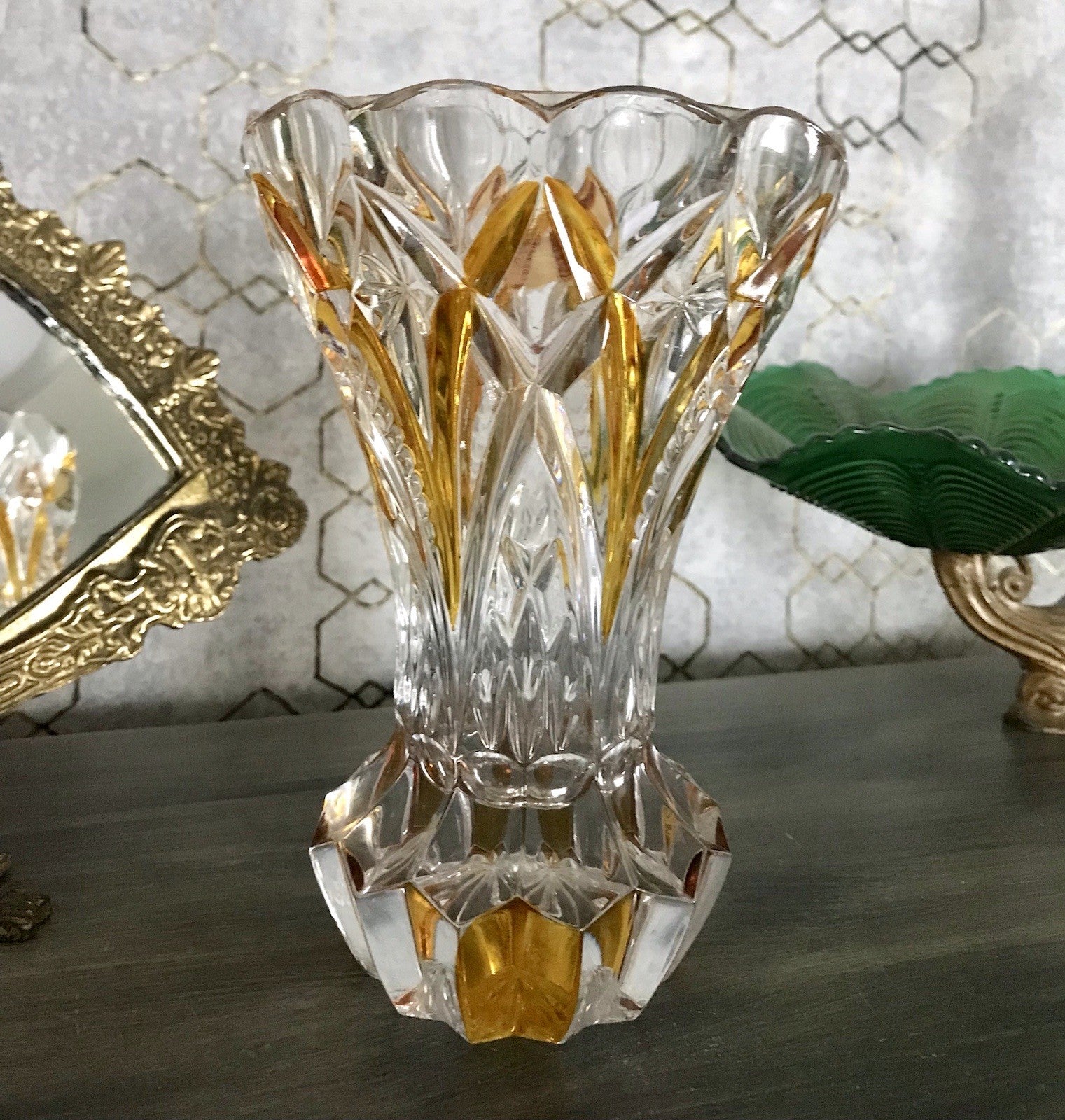 Antik alt Art Déco Stil Glasvase Bleikristall Vase Bernstein Gelbbeize Annahütte