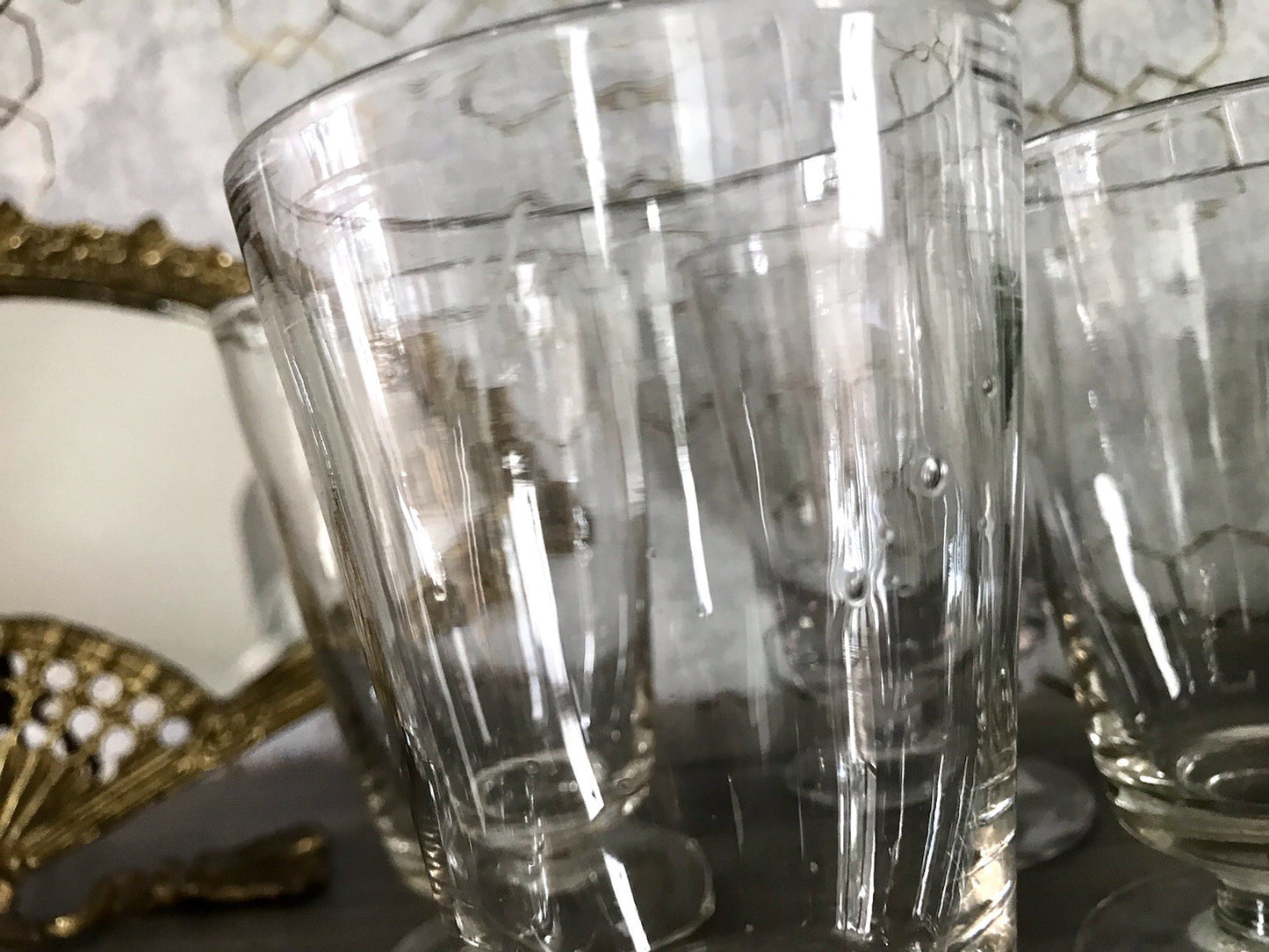 Antik 6 Fußbecher Becher Weinglas Pokalglas Glas ~ 1900 Eichstrich mundgeblasen