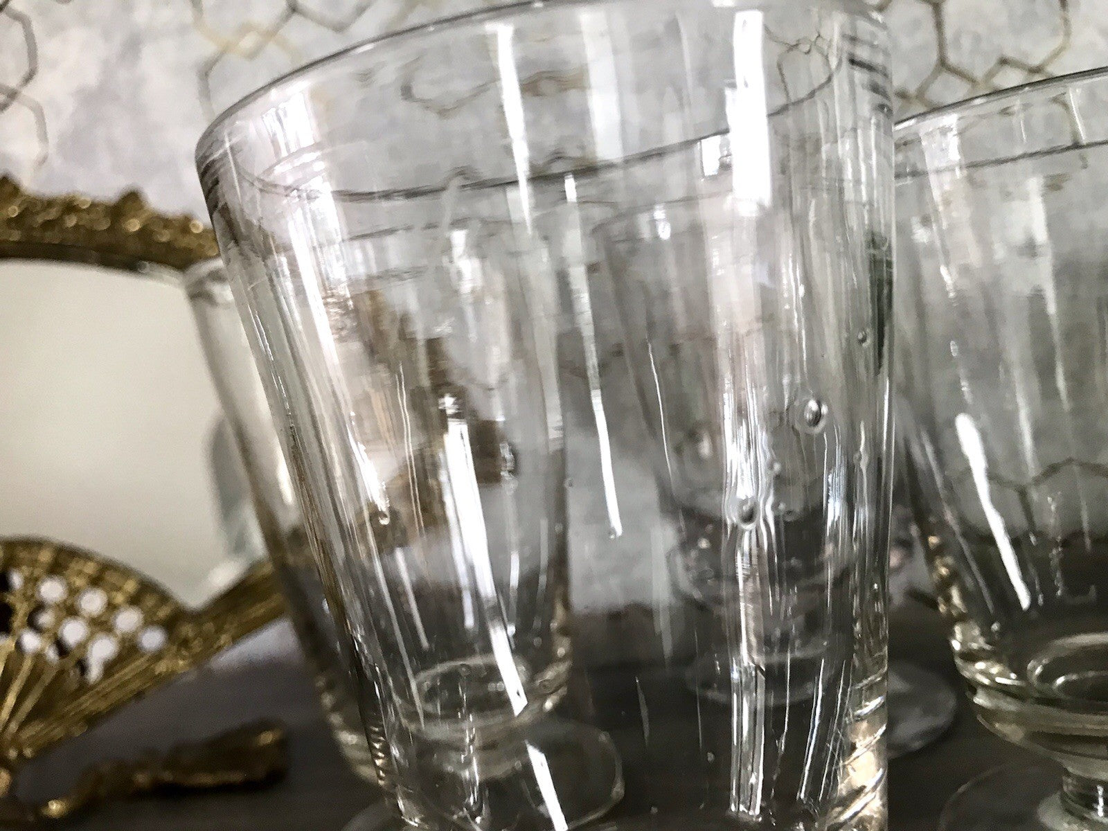 Antik 6 Fußbecher Becher Weinglas Pokalglas Glas ~ 1900 Eichstrich mundgeblasen