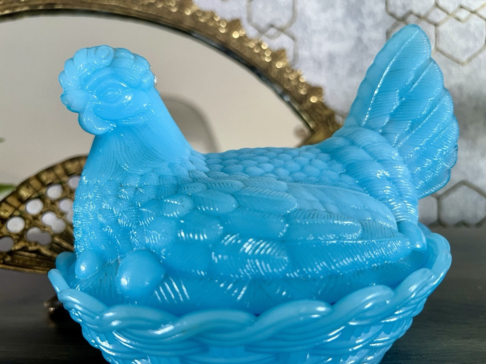 Antik Jugendstil Glasdose Dose Opalglas Deckeldose Pressglas Henne Blau