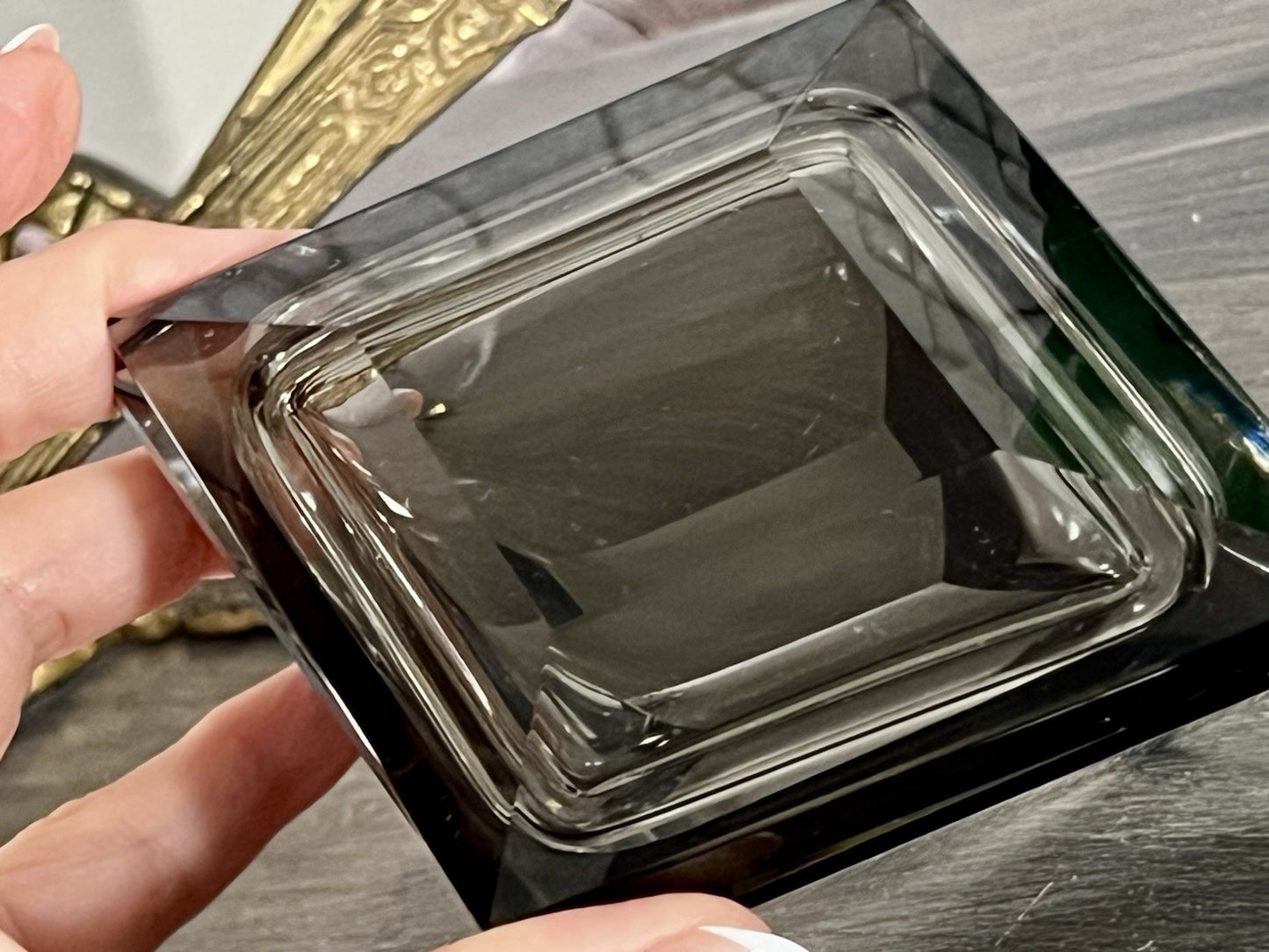EDEL Art Déco antik Glasdose Kristallglas Frisiertisch Dose grau Schliff