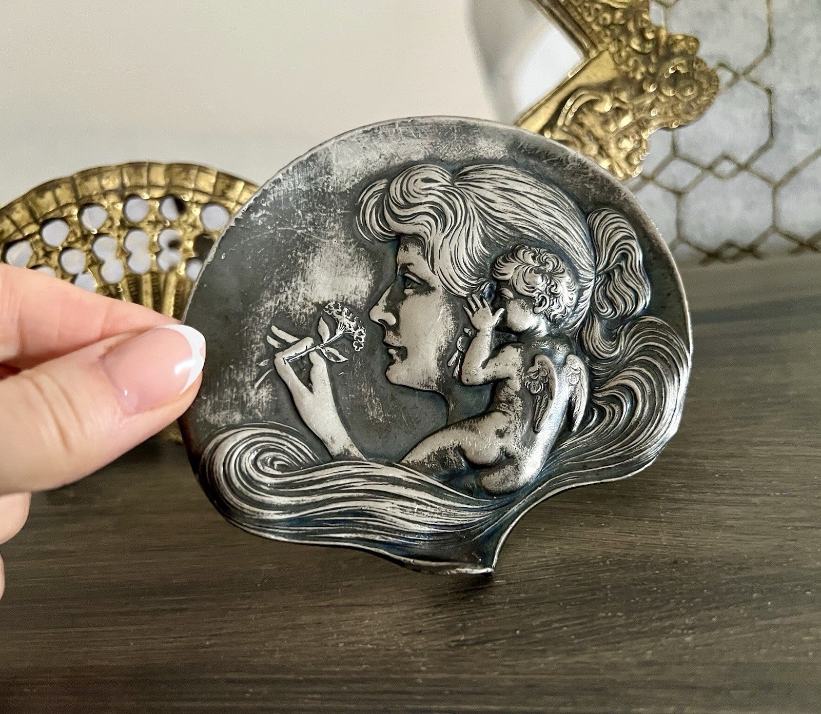 Antik versilbert WMF Schale Schmuckschale Jugendstil ~1900 Motiv: Elfe mur Putto