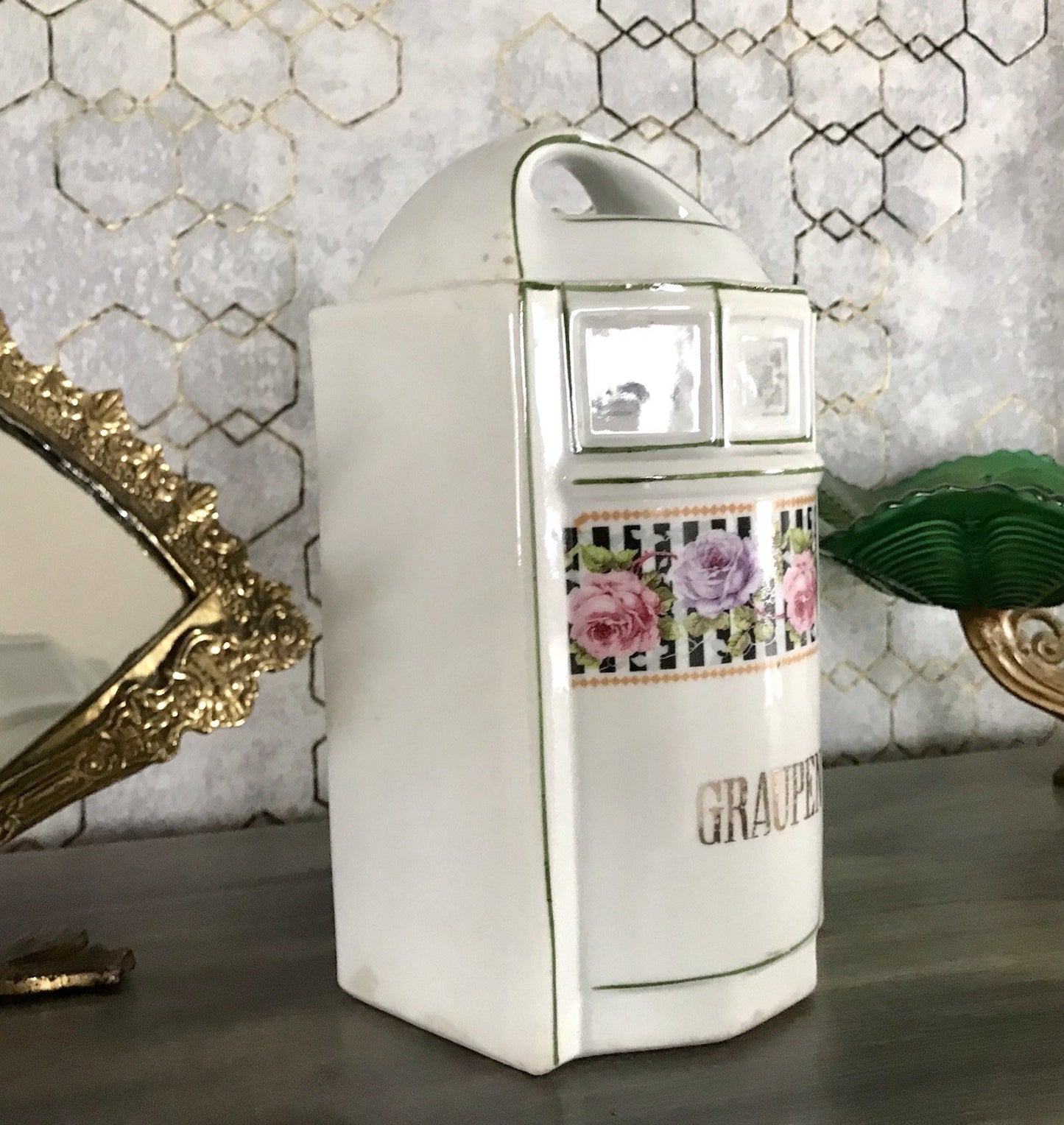 Antik Porzellan Dose Vorratsgefäß Vorratsdose Graupen Rosen Jugendstil Art Déco