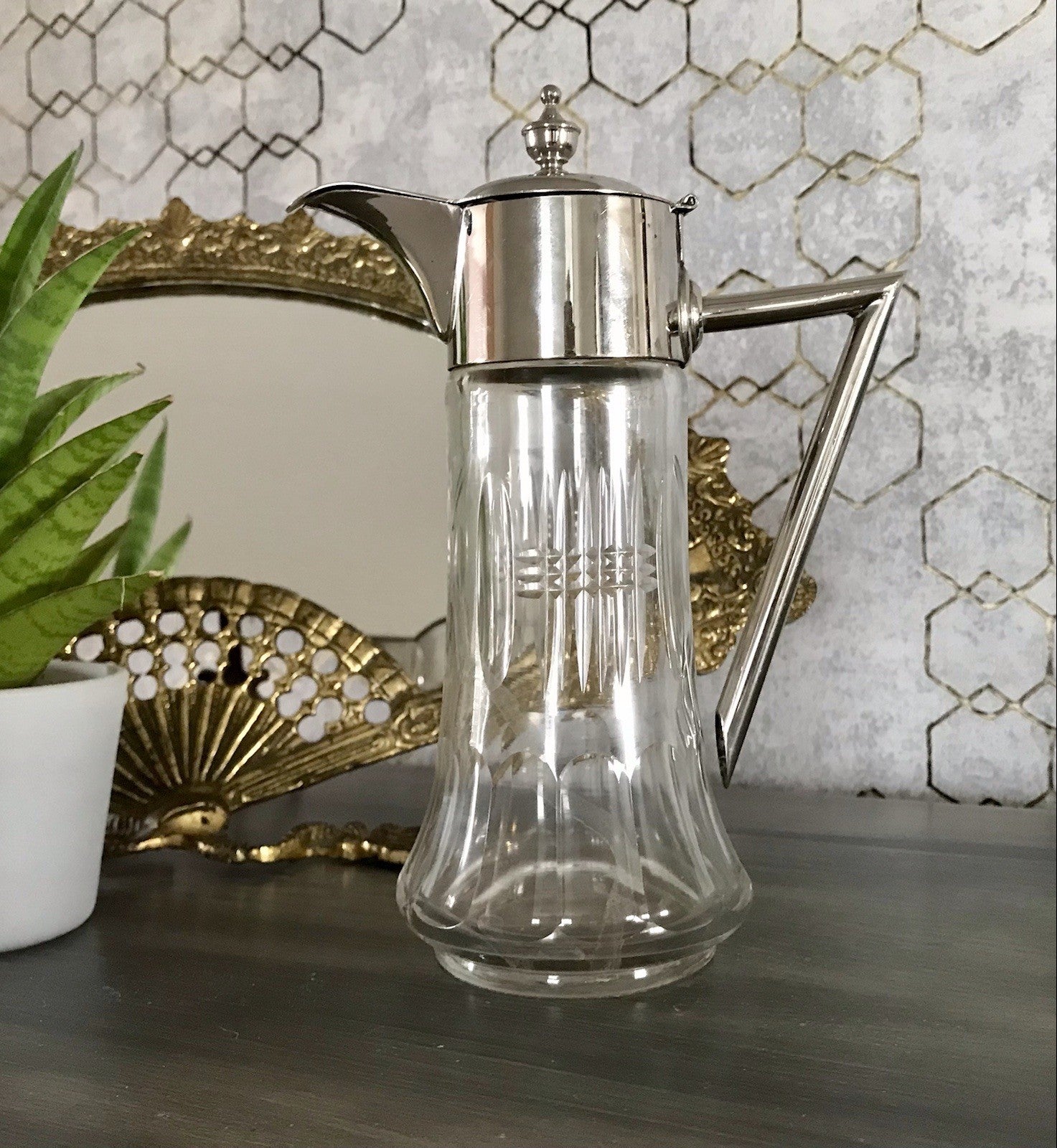 Antik Karaffe Dekanter Metallmontur versilbert? Kristallglas Schliff Edel!