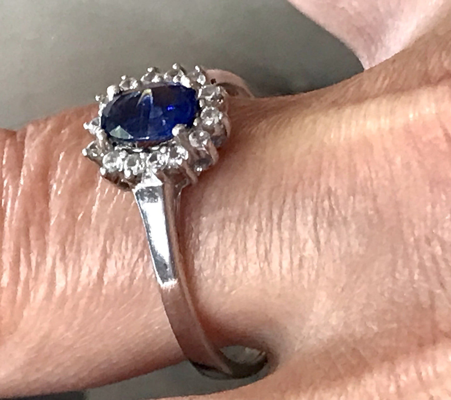 Vintage Entourage Halo Ring farblose Steine & Saphir Silber 925  ~Gr.62 63