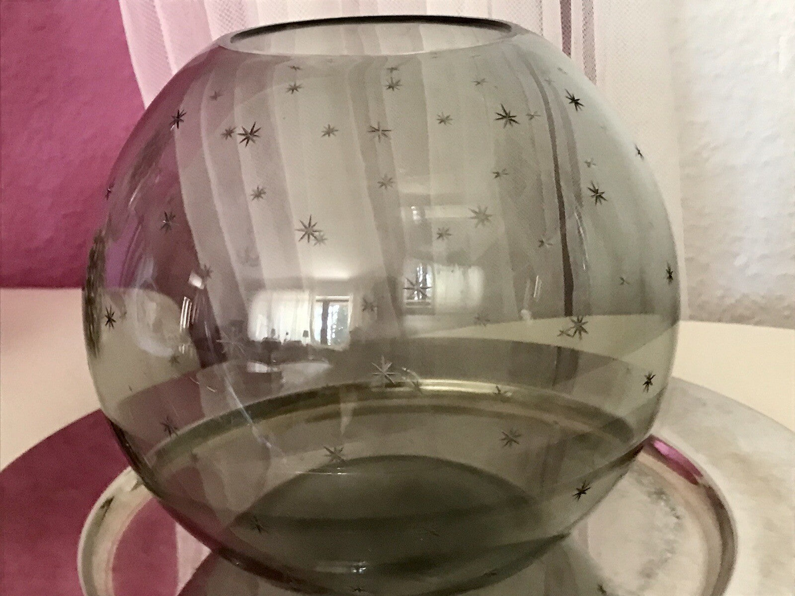 Alt Vintage Glasvase Glas Rauchglas Vase Mid century Kugelvase Grau Sternchen