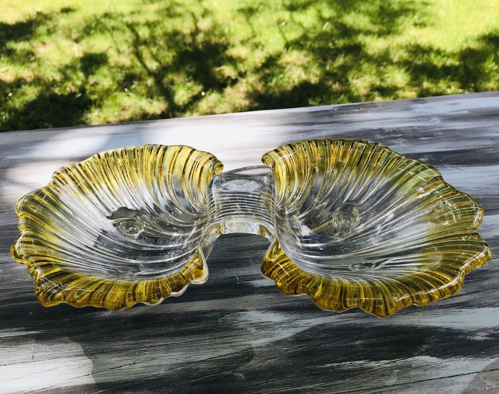 Vintage 70er Glas Schale Anbietschale Muschel Walther Glas Kultig gelb
