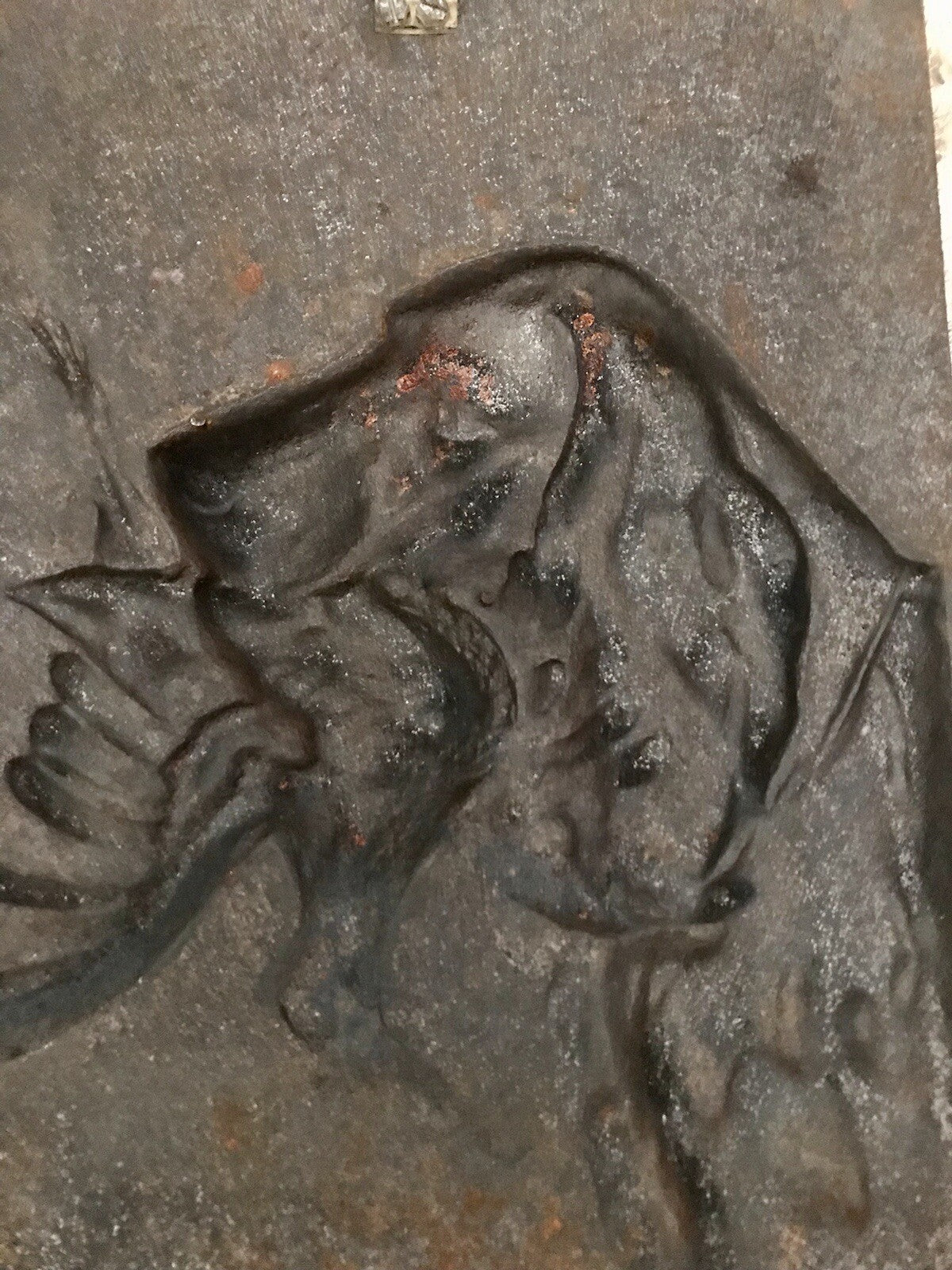 Alt antik? Eisenguss Wandrelief Bild Relief Gusseisen Jagdhund Jagdszene Hund