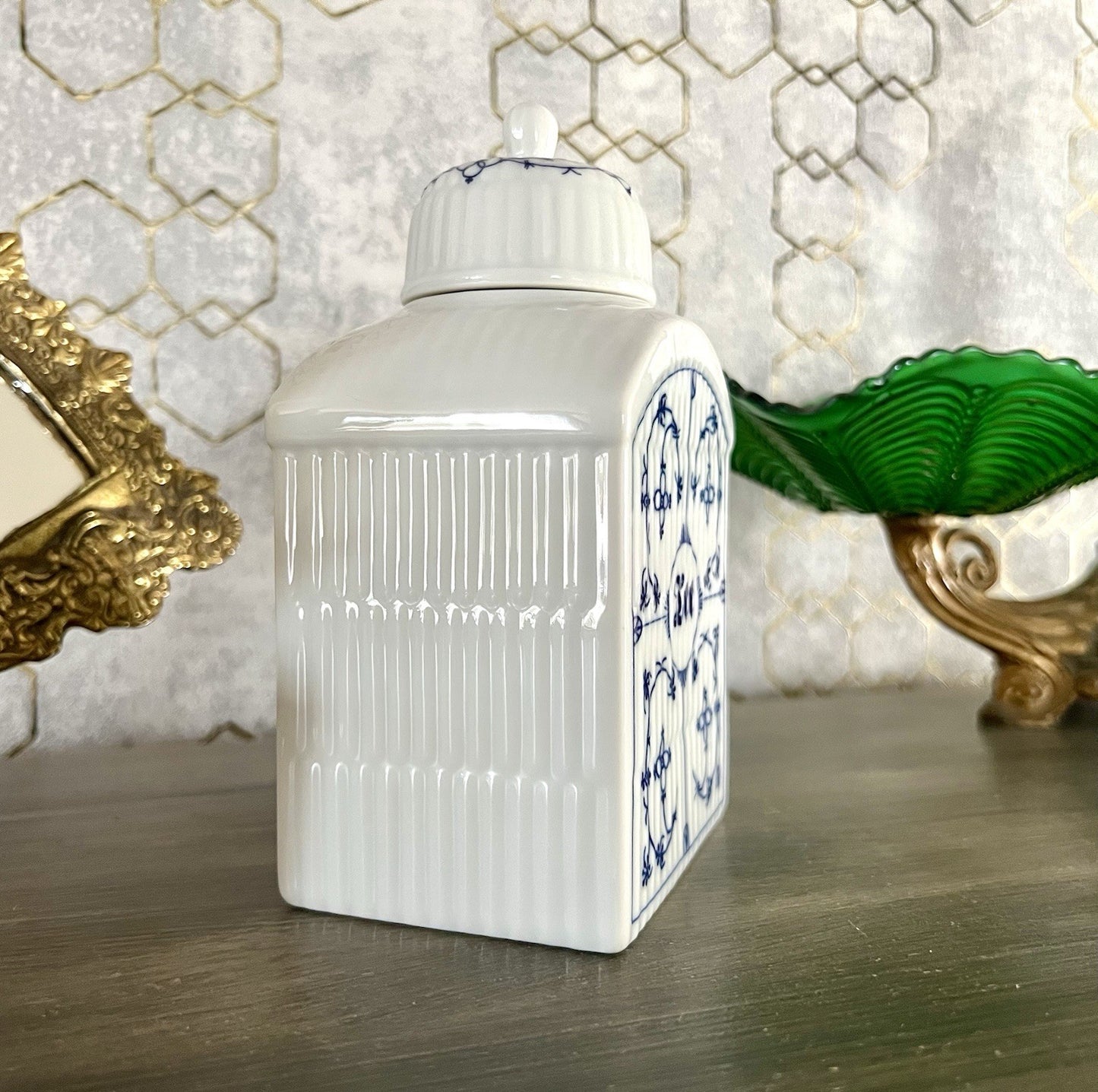 Vintage älter 1 Porzellan Teedose indisch blau weiß Rauderfehn Frerich Kramer