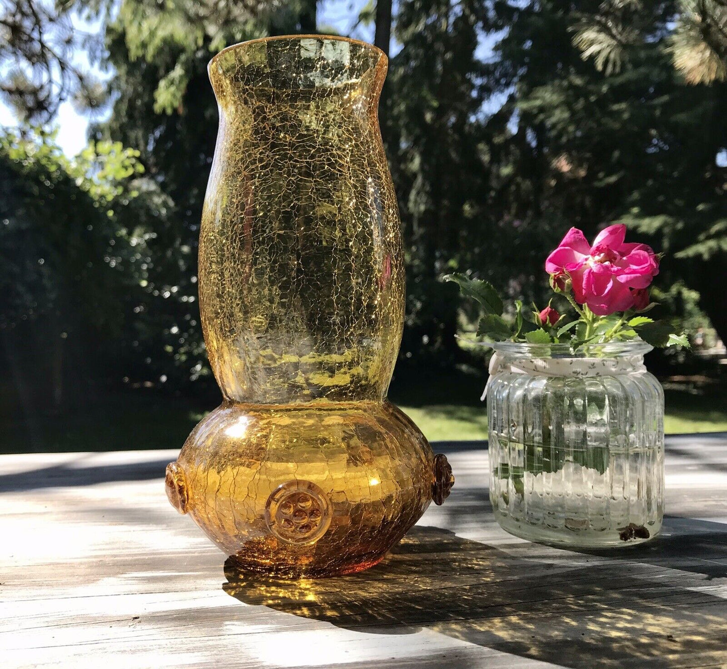 Antik Craqueleè Vase Glasvase Bernstein Gelb Amber Art Déco Nuppen