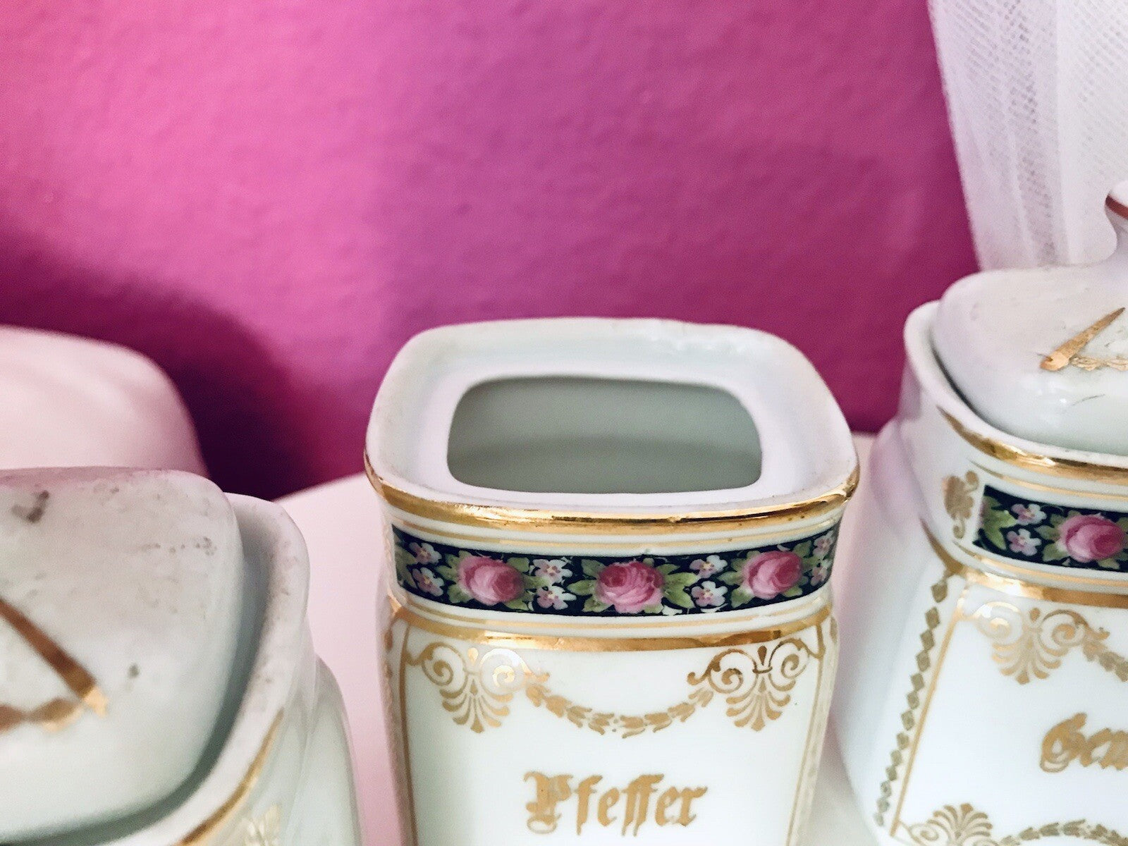 Antik 6x Porzellan Dose Vorratsdosen Gewürze Rosen Golddekor Jugendstil