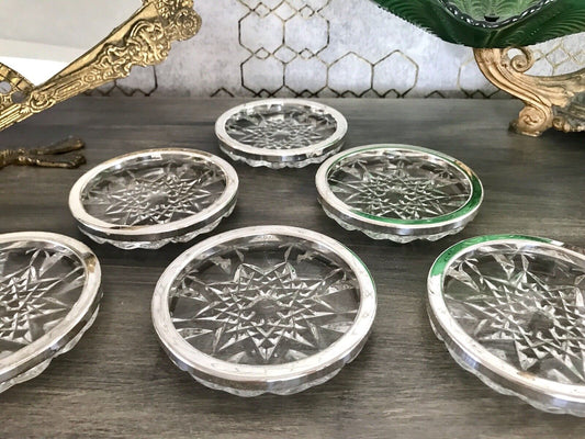 Vintage 6x Untersetzer für Weingläser Glas Kristallglas Bleikristall versilbert