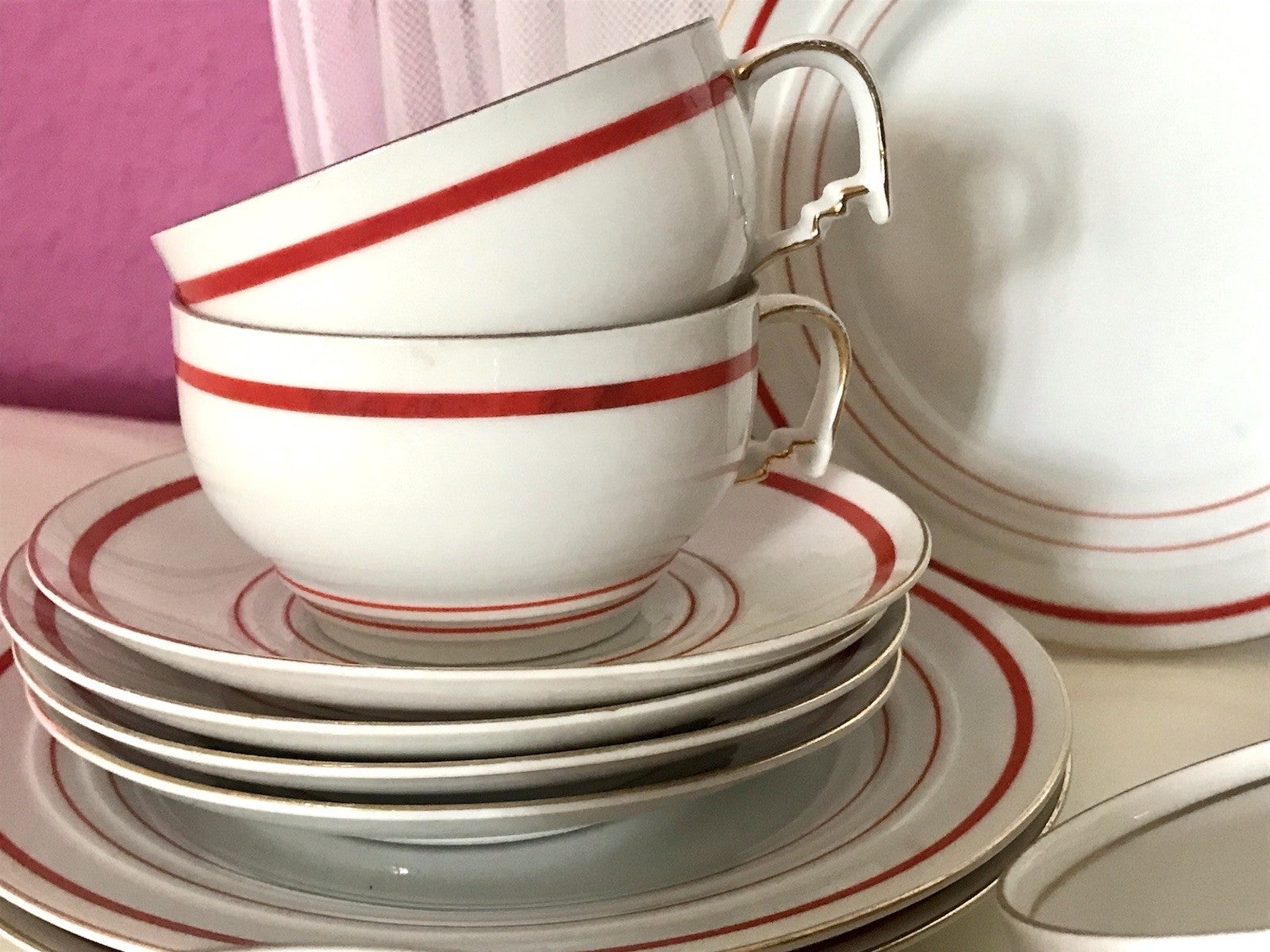Antik Art Déco Porzellan Kaffeeservice weiß rot orange gemarkt deutsch Bauhaus