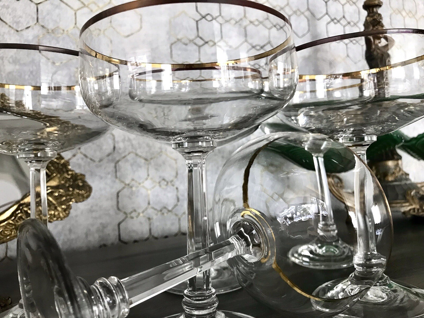 Antik? Art Déco 6 x Champagnerschalen Sekt Gläser Goldrand Lausitzer? Crystal