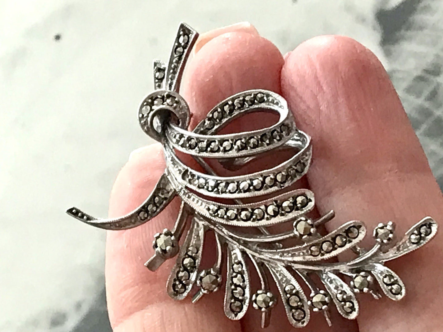 Antik Art Déco Edel prachtvoll Brosche Silber 835 Markasite