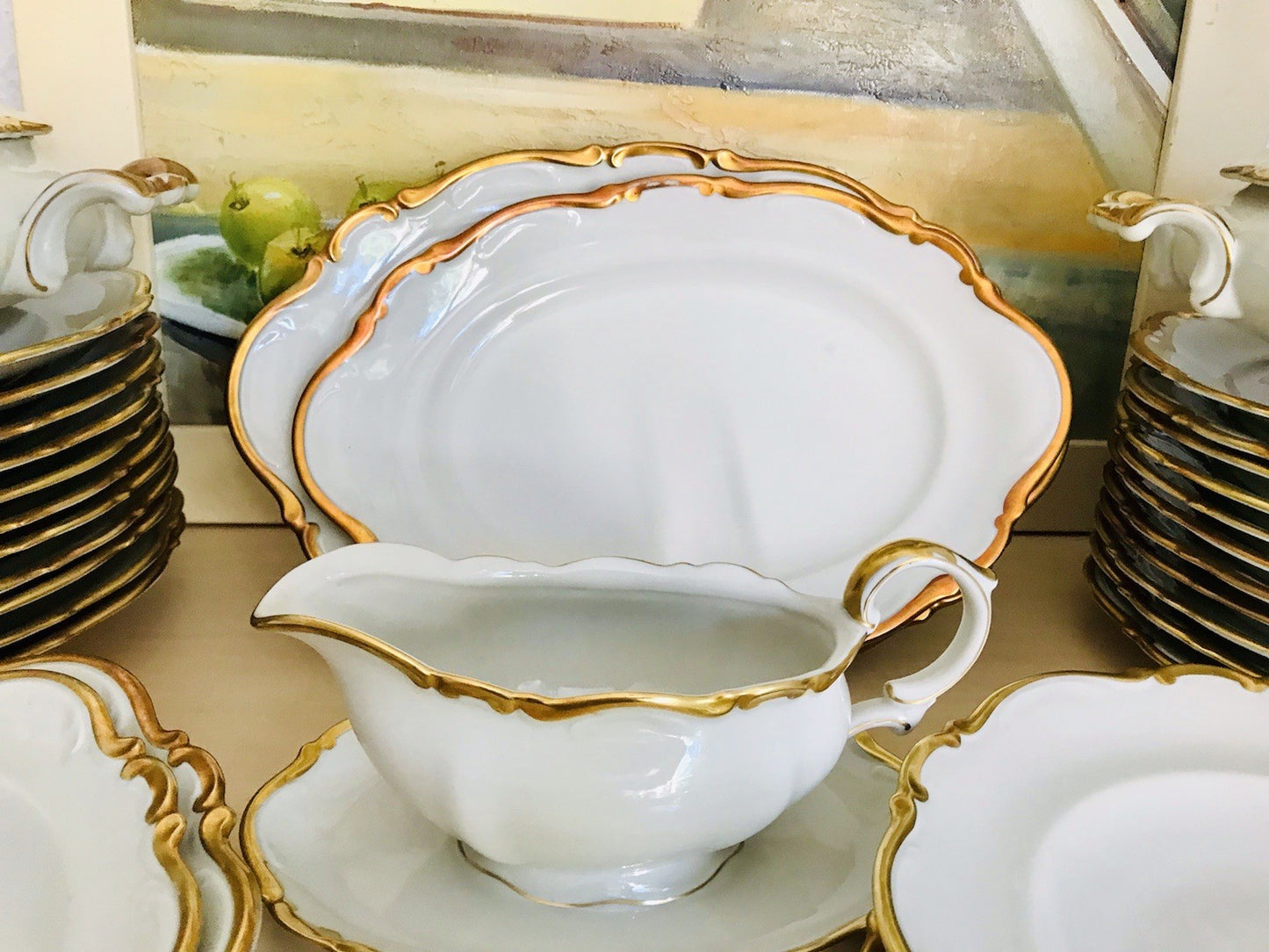 Antik Art Déco Porzellan Tafelservice goldene Ranke EDEL Mitterteich 12 Personen