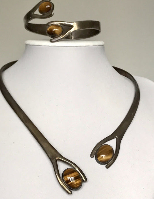 Vintage Set Halsreif Armspange Armband Collier 925 Silber Halskette Tigerauge