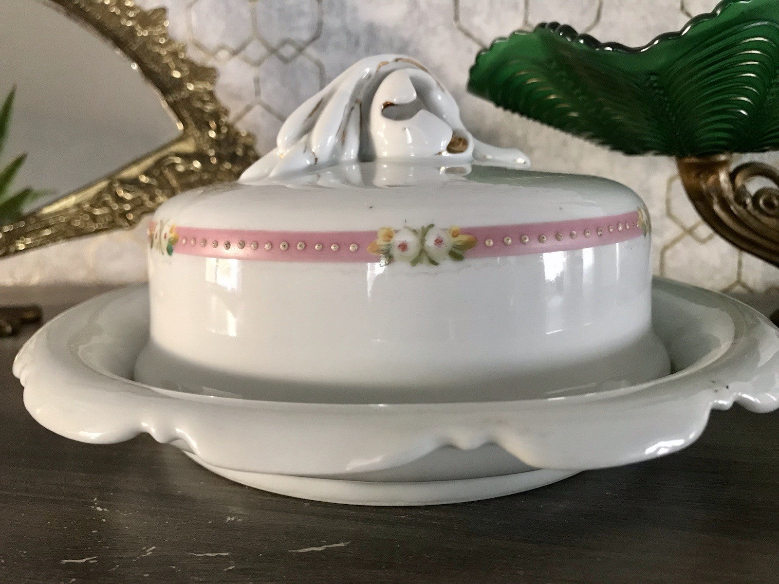 Antik Biedermeier Porzellan Butterdose Dose Handbemalung weiß rosa gold
