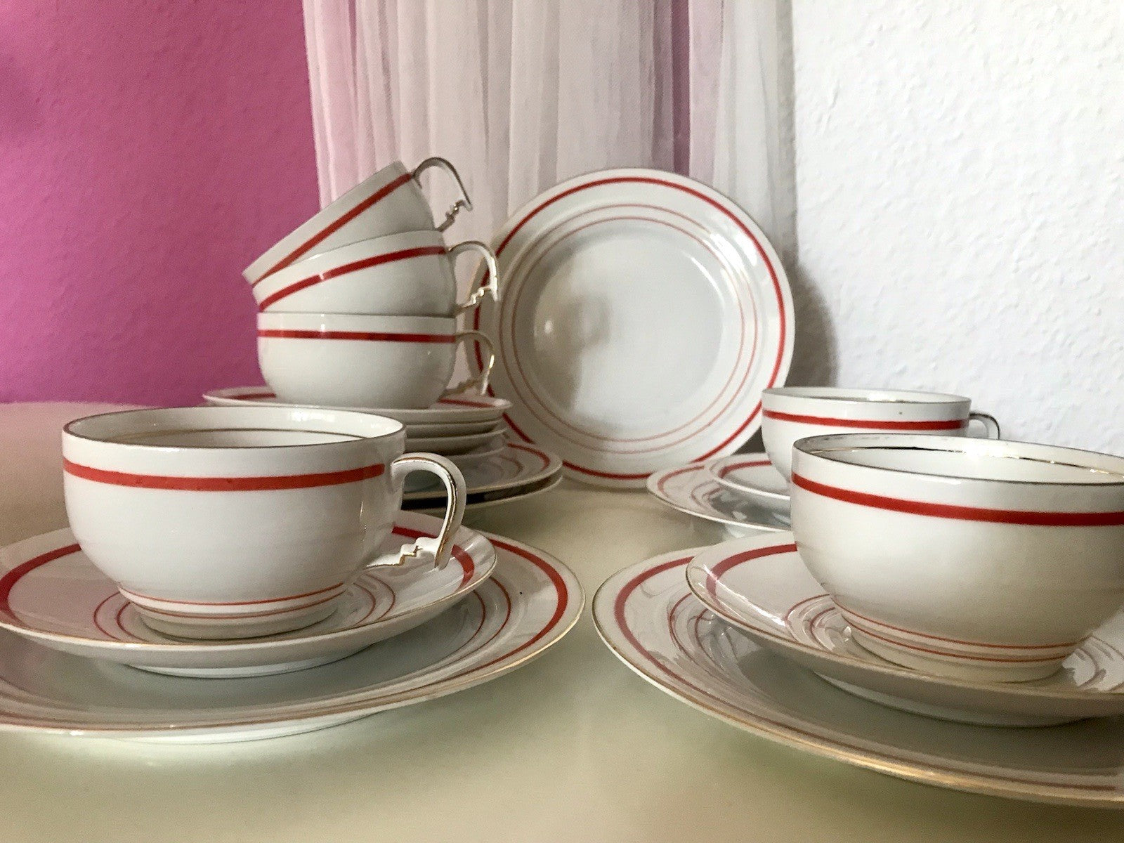 Antik Art Déco Porzellan Kaffeeservice weiß rot orange gemarkt deutsch Bauhaus