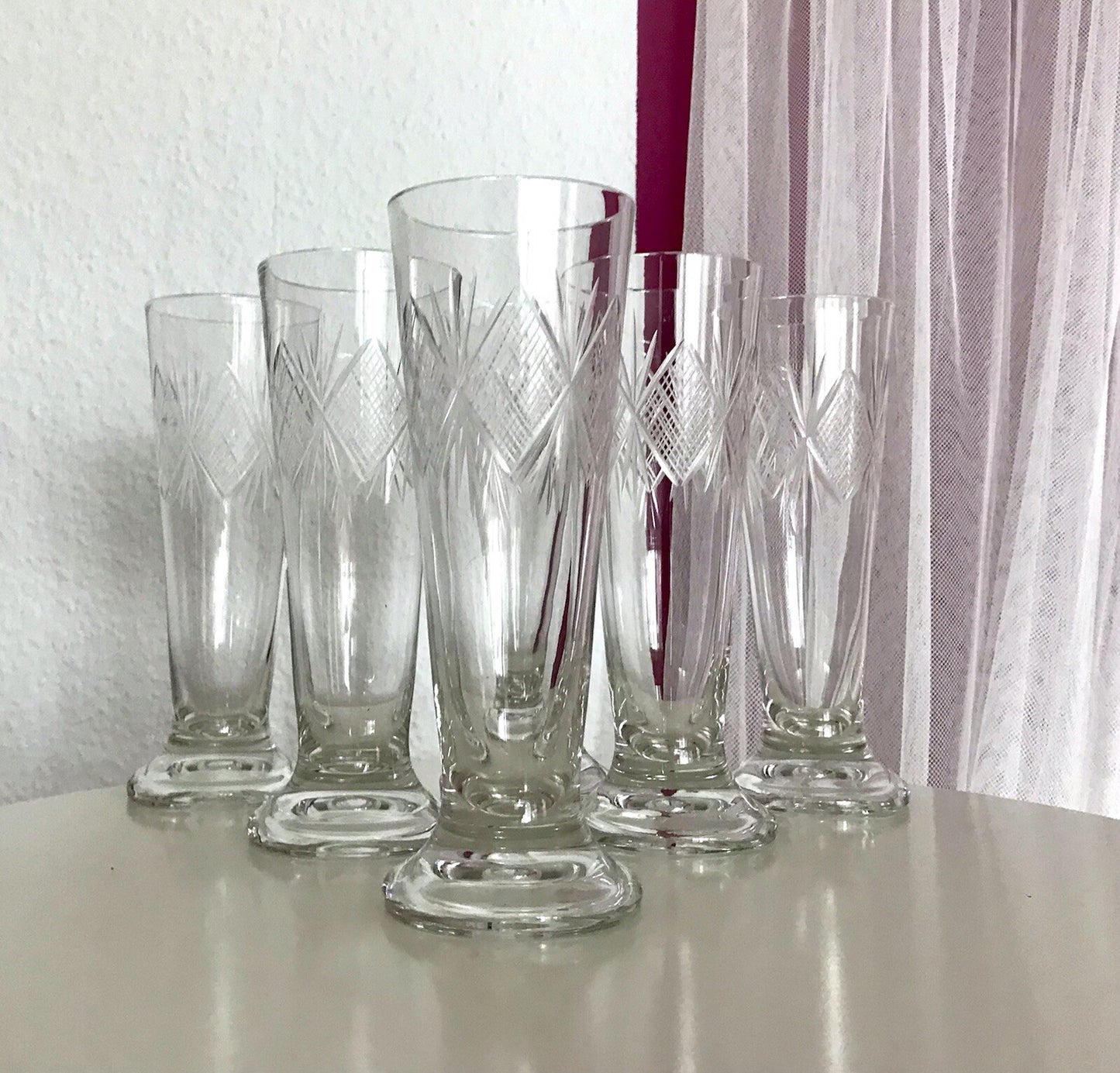 Antik 6x Fußbecher Fußrand-Becher mundgebl. Pokalgläser Kristallglas? Schliff