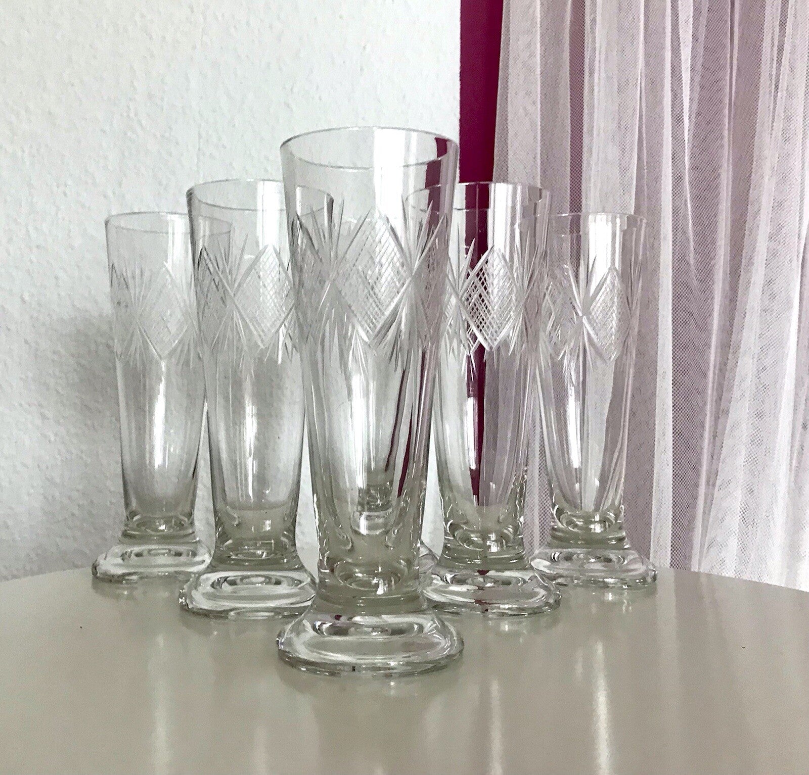 Antik 6x Fußbecher Fußrand-Becher mundgebl. Pokalgläser Kristallglas? Schliff