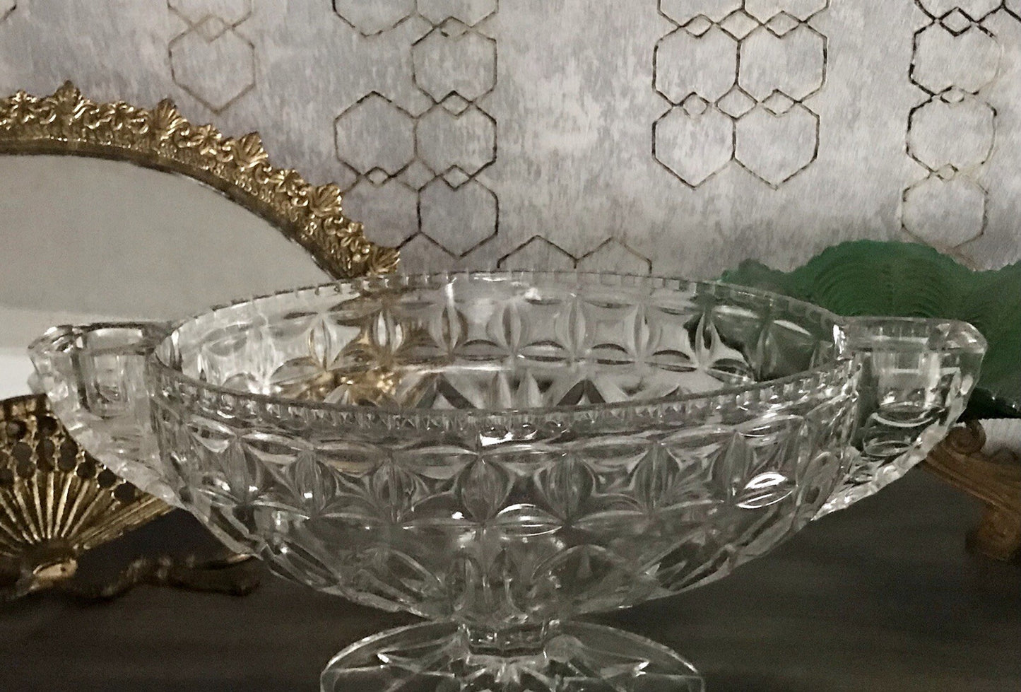Antik Art Déco Pressglas Glas Schale Fußschale Tafelaufsatz England Jardiniere