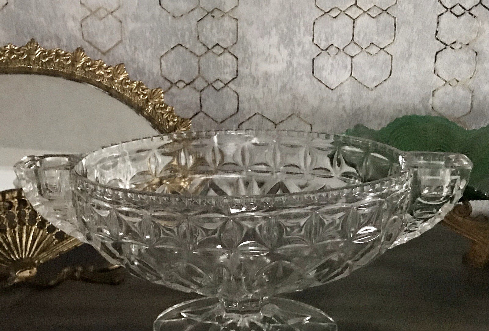 Antik Art Déco Pressglas Glas Schale Fußschale Tafelaufsatz England Jardiniere
