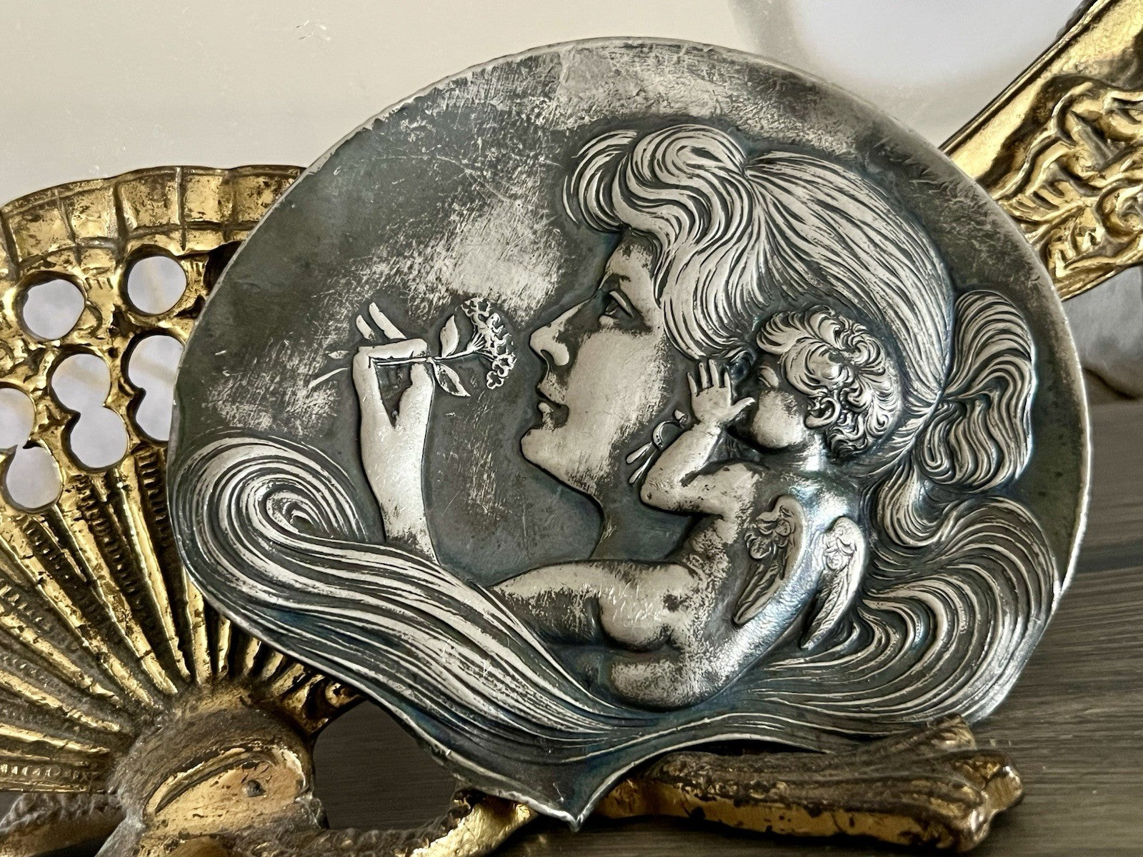 Antik versilbert WMF Schale Schmuckschale Jugendstil ~1900 Motiv: Elfe mur Putto